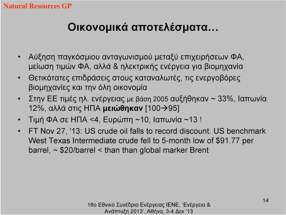 ενέργειας με βάση 2005 αυξήθηκαν ~ 33%, Ιαπωνία 12%, αλλά στις ΗΠΑ μειώθηκαν [100 95] Τιμή ΦΑ σε ΗΠΑ <4, Ευρώπη ~10, Ιαπωνία ~13!