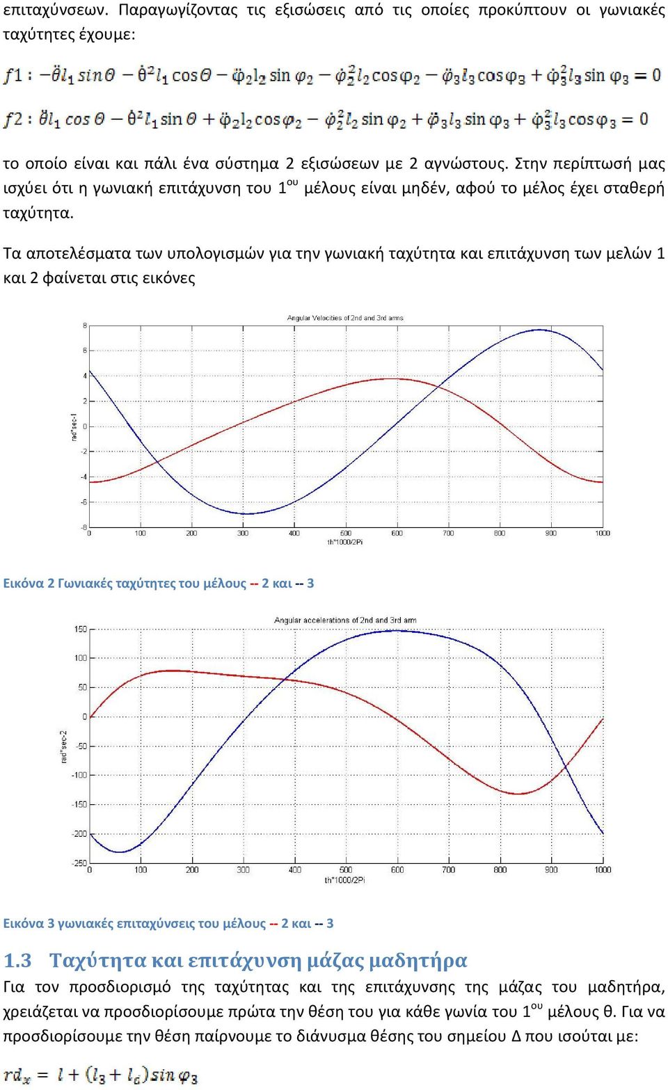 Τα αποτελέσματα των υπολογισμών για την γωνιακή ταχύτητα και επιτάχυνση των μελών 1 και 2 φαίνεται στις εικόνες Εικόνα 2 Γωνιακές ταχύτητες του μέλους 2 και 3 Εικόνα 3 γωνιακές επιταχύνσεις του