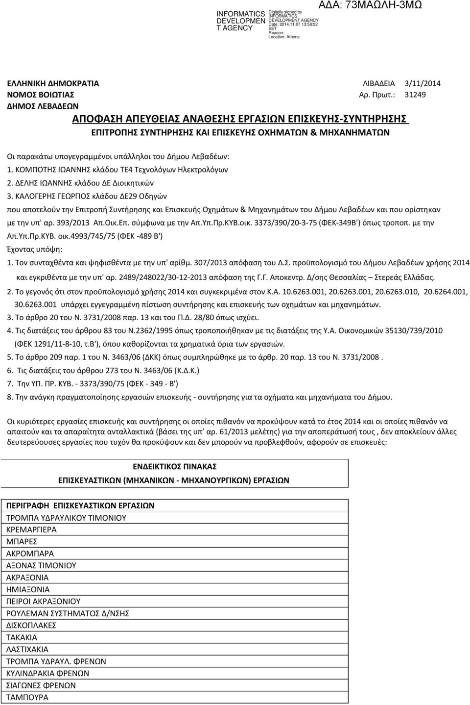 1. ΚΟΜΠΟΤΗΣ ΙΩΑΝΝΗΣ κλάδου ΤΕ4 Τεχνολόγων Ηλεκτρολόγων 2. ΔΕΛΗΣ ΙΩΑΝΝΗΣ κλάδου ΔΕ Διοικητικών 3.