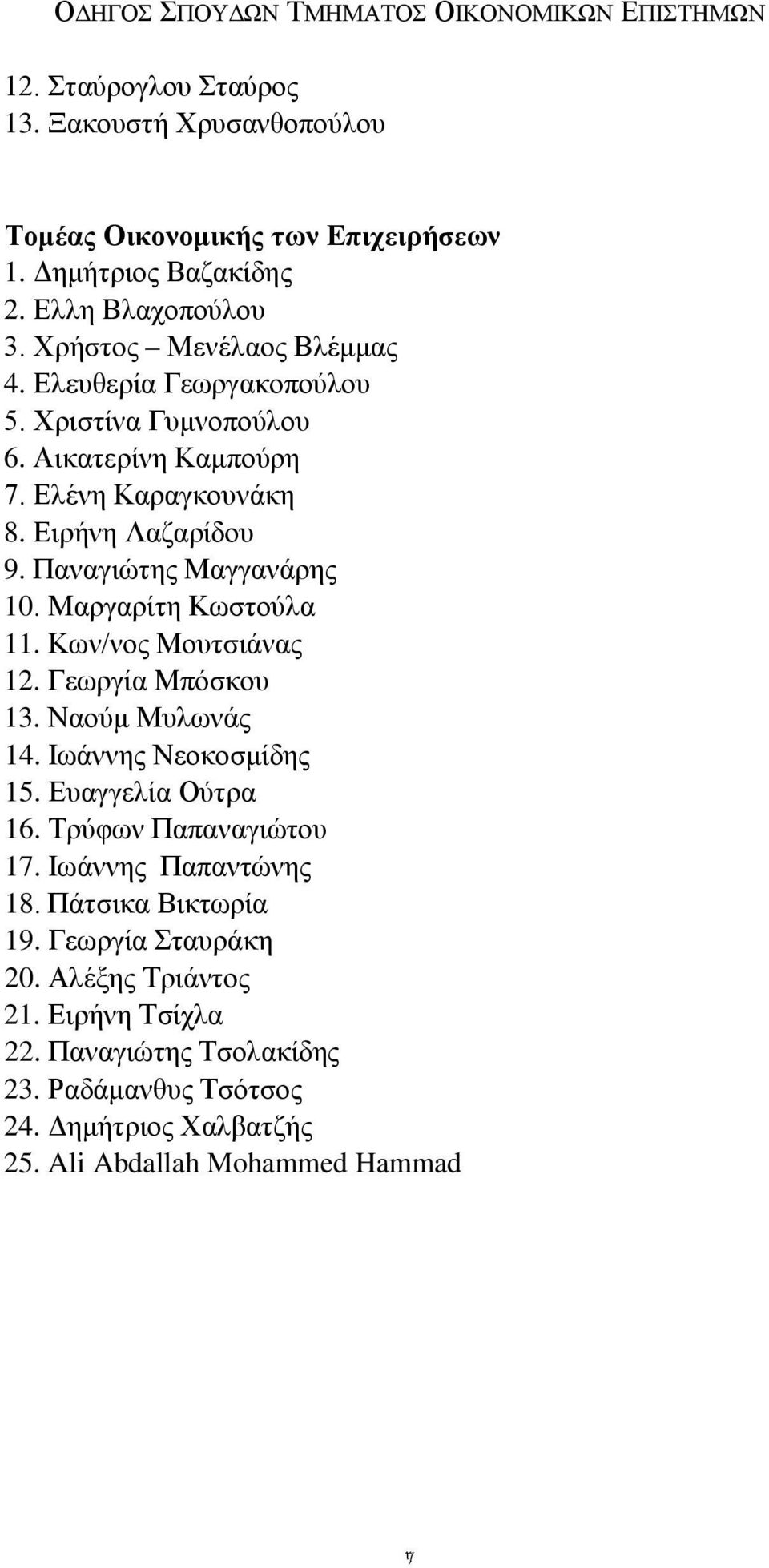 Κων/νος Μουτσιάνας 12. Γεωργία Μπόσκου 13. Ναούμ Μυλωνάς 14. Ιωάννης Νεοκοσμίδης 15. Ευαγγελία Ούτρα 16. Τρύφων Παπαναγιώτου 17. Ιωάννης Παπαντώνης 18.