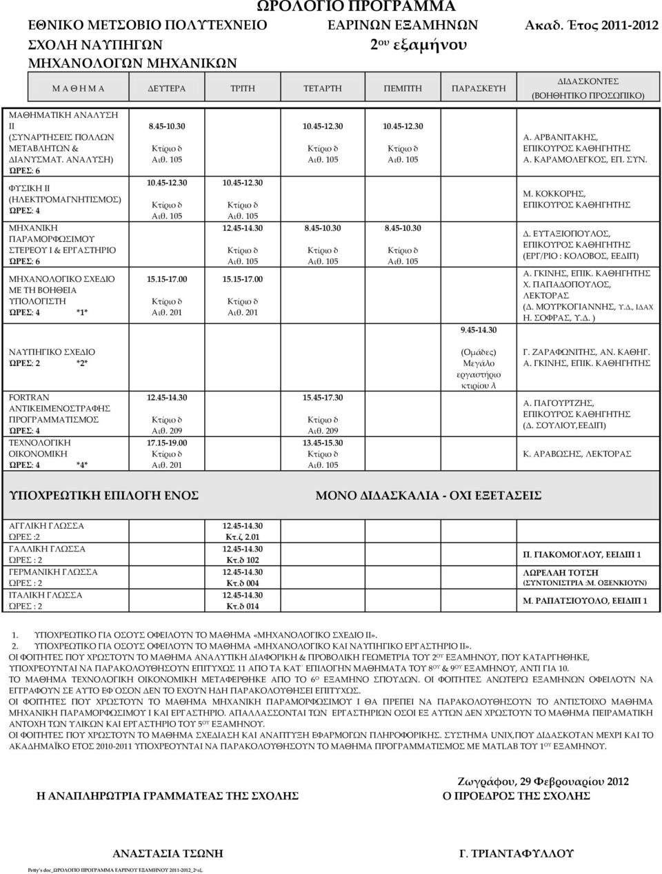 ΑΝΑΛΥΣΗ) ΏΡΕΣ: 6 ΦΥΣΙΚΗ ΙΙ (ΗΛΕΚΤΡΟΜΑΓΝΗΤΙΣΜΟΣ) ΏΡΕΣ: 4 ΜΗΧΑΝΙΚΗ ΠΑΡΑΜΟΡΦΩΣΙΜΟΥ ΣΤΕΡΕΟΥ Ι & ΏΡΕΣ: 6 ΜΗΧΑΝΟΛΟΓΙΚΟ ΣΧΕΔΙΟ ΜΕ ΤΗ ΒΟΗΘΕΙΑ ΥΠΟΛΟΓΙΣΤΗ ΏΡΕΣ: 4 *1* 15.15-17.00 15.15-17.00 9.45-14.30 Α.