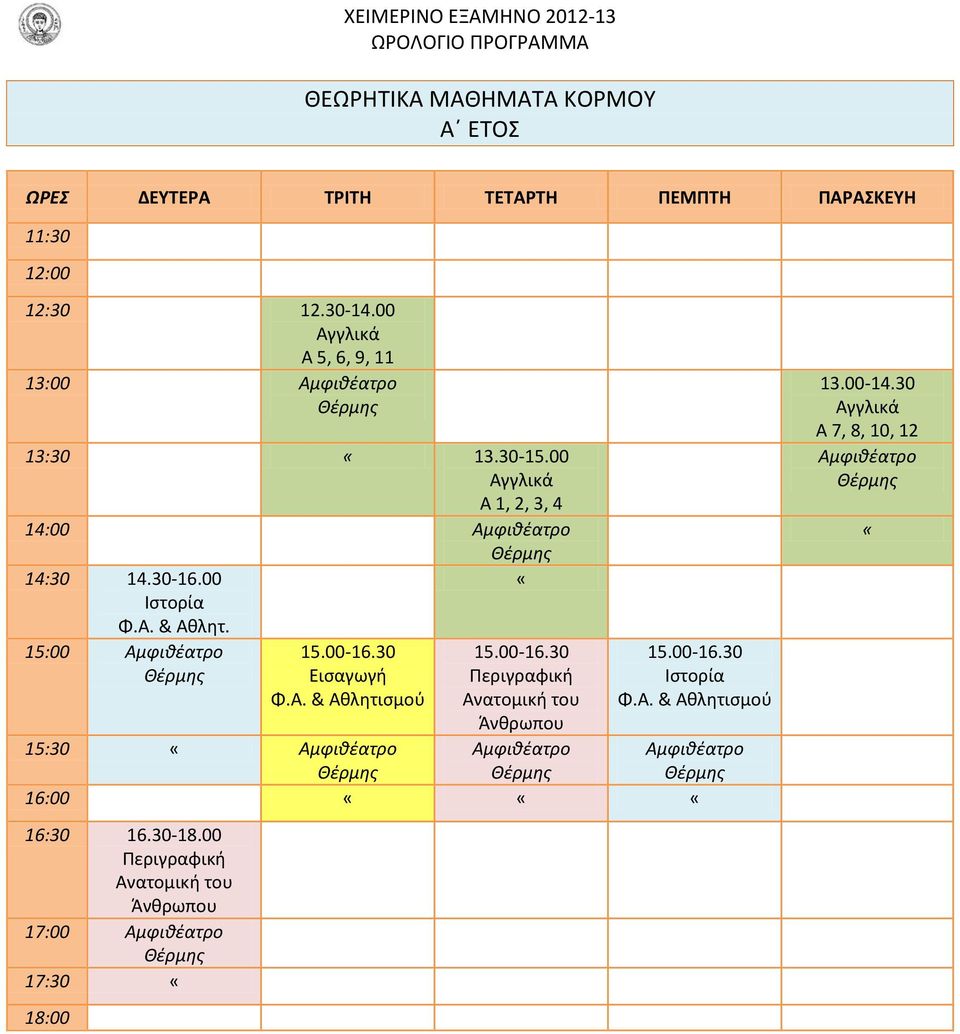 15:00 Αμφιθέατρο Θέρμης 15.00-16.30 Εισαγωγή Φ.Α. & Αθλητισμού 15.00-16.30 Περιγραφική Ανατομική του Άνθρωπου Αμφιθέατρο Θέρμης 15.00-16.30 Ιστορία Φ.Α. & Αθλητισμού 15:30 «Αμφιθέατρο Θέρμης 16:00 «««16:30 16.