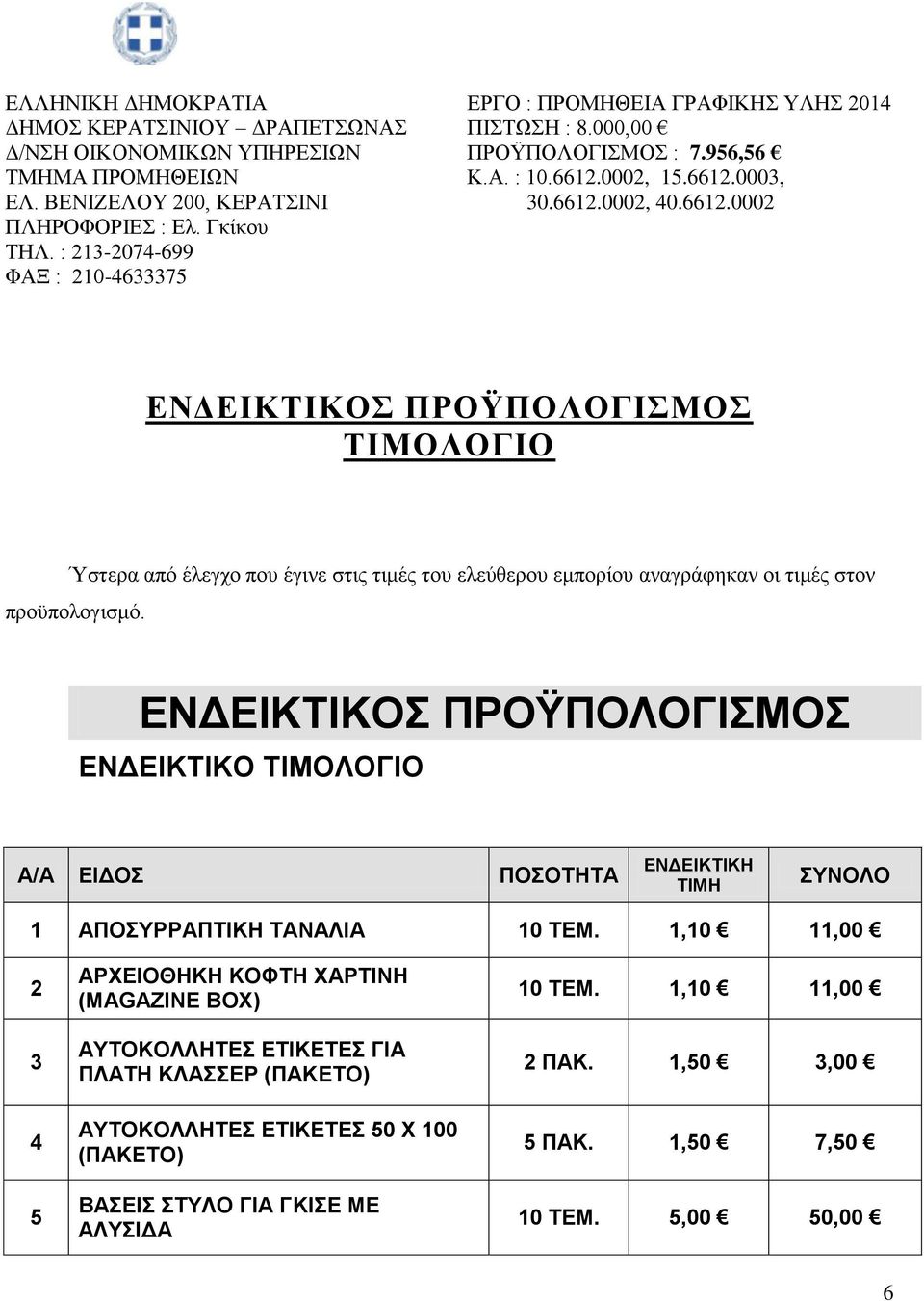 : 213-2074-699 ΦΑΞ : 210-4633375 ΕΝΔΕΙΚΤΙΚΟΣ ΠΡΟΫΠΟΛΟΓΙΣΜΟΣ ΤΙΜΟΛΟΓΙΟ Ύστερα από έλεγχο που έγινε στις τιμές του ελεύθερου εμπορίου αναγράφηκαν οι τιμές στον προϋπολογισμό.