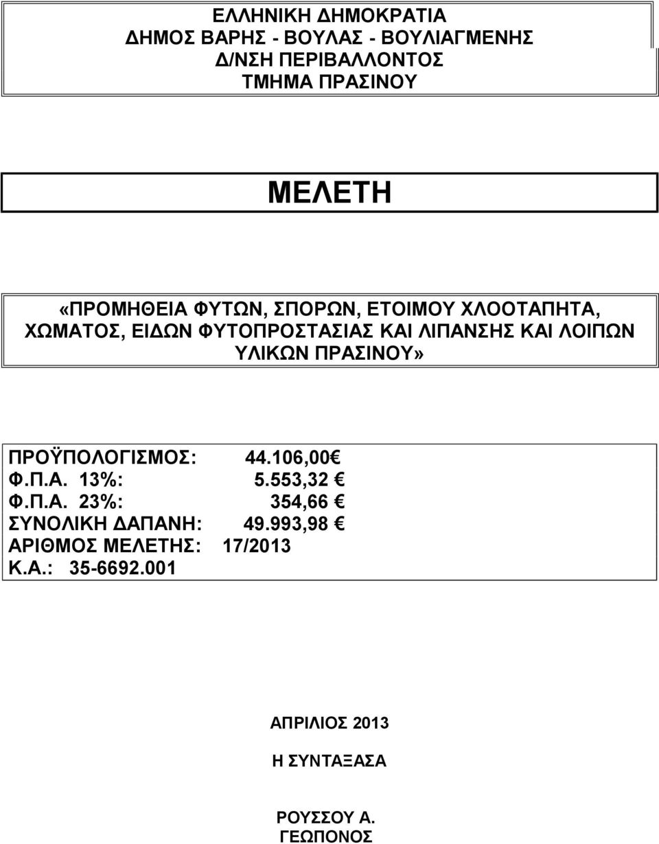 ΛΟΙΠΩΝ ΥΛΙΚΩΝ ΠΡΑΣΙΝΟΥ» ΠΡΟΫΠΟΛΟΓΙΣΜΟΣ: 44.106,00 Φ.Π.Α. 13%: 5.553,32 Φ.Π.Α. 23%: 354,66 ΣΥΝΟΛΙΚΗ ΔΑΠΑΝΗ: 49.