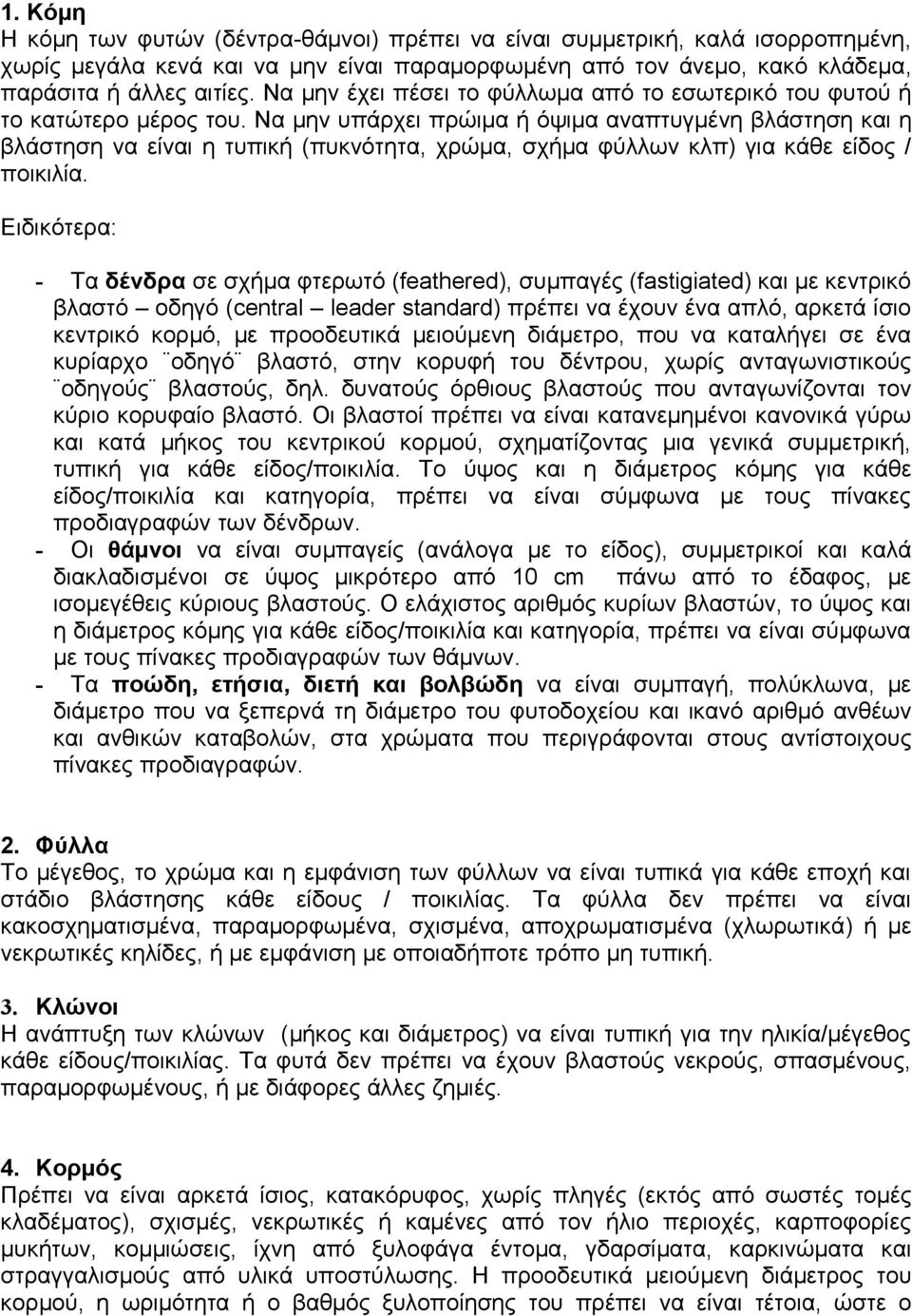 Να μην υπάρχει πρώιμα ή όψιμα αναπτυγμένη βλάστηση και η βλάστηση να είναι η τυπική (πυκνότητα, χρώμα, σχήμα φύλλων κλπ) για κάθε είδος / ποικιλία.