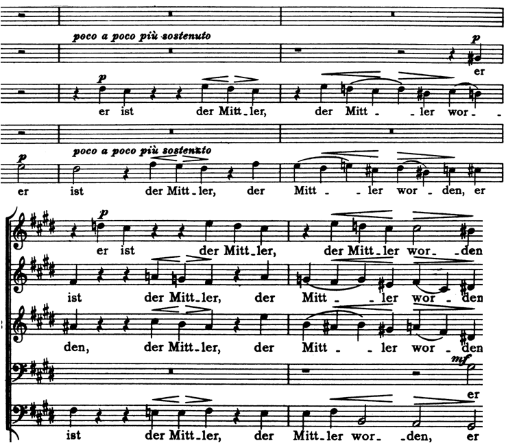 Παρ. 60. J. Brahms, Motet Es ist das Heil uns kommen her, Op. 29, No. 1, μμ. 69-73 Αυτή τη φορά δεν υπάρχει κάποιο επεισόδιο αλλά με την τελευταία νότα της έκθεσης, στο μ.