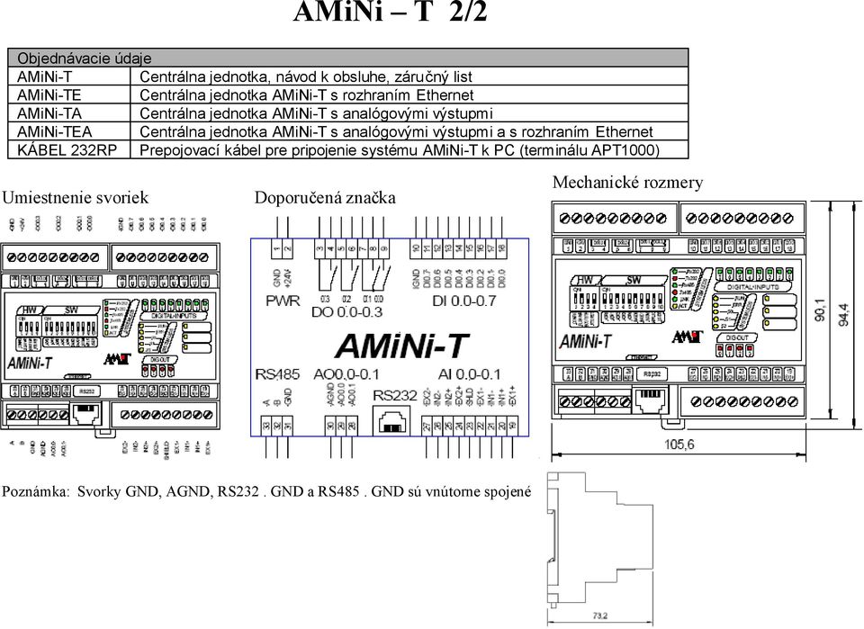 analógovými výstupmi a s rozhraním Ethernet KÁBEL 232RP Prepojovací kábel pre pripojenie systému AMiNi-T k PC (terminálu