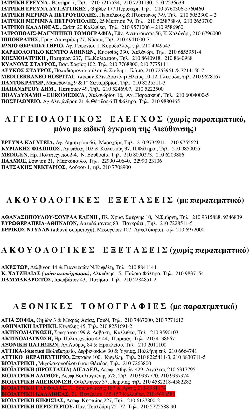 210 5058788-9, 210 2653700 ΙΑΤΡΙΚΟ ΚΑΛΛΙΘΕΑΣ, Σκίπη 20 Καλλιθέα, Τηλ. 210 9571006 210 9586960 ΙΑΤΡΟΠΟΛΙΣ-ΜΑΓΝΗΤΙΚΗ ΤΟΜΟΓΡΑΦΙΑ, Εθν. Αντιστάσεως 56, Κ.Χαλάνδρι, 210 6796000 ΙΠΠΟΚΡΑΤΗΣ, Γρηγ.