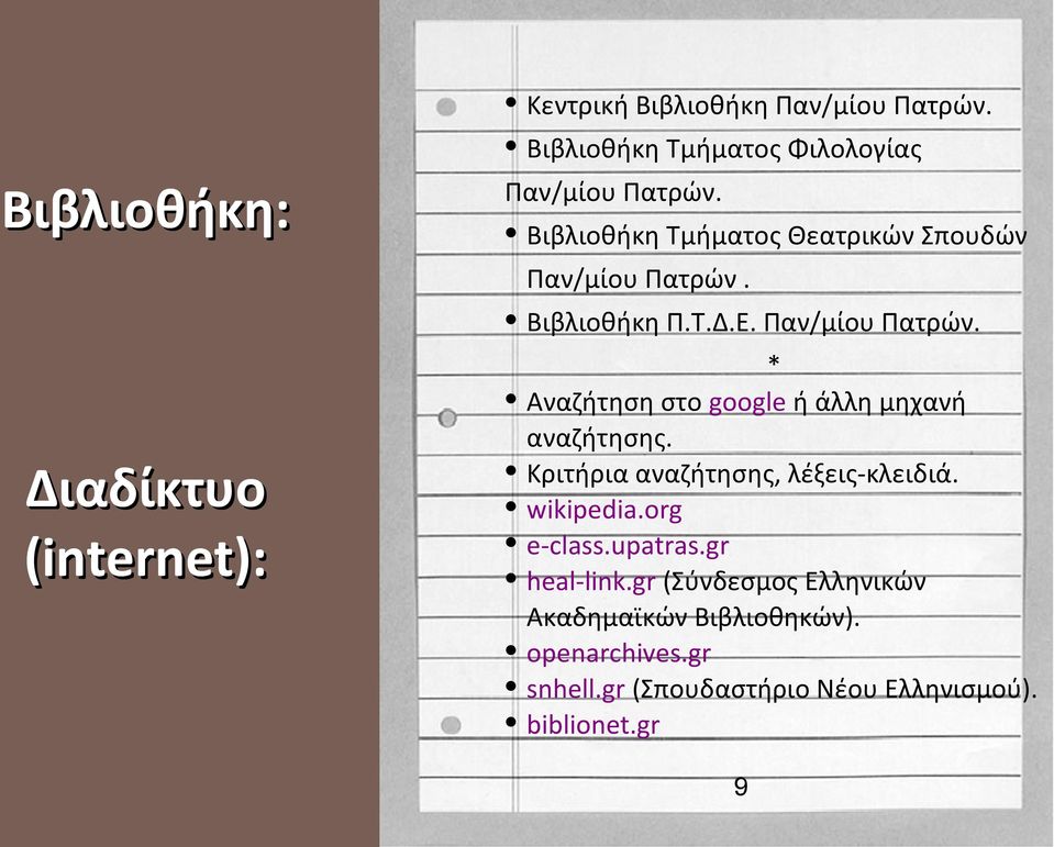 Κριτήρια αναζήτησης, λέξεις-κλειδιά. wikipedia.org e-class.upatras.gr heal-link.