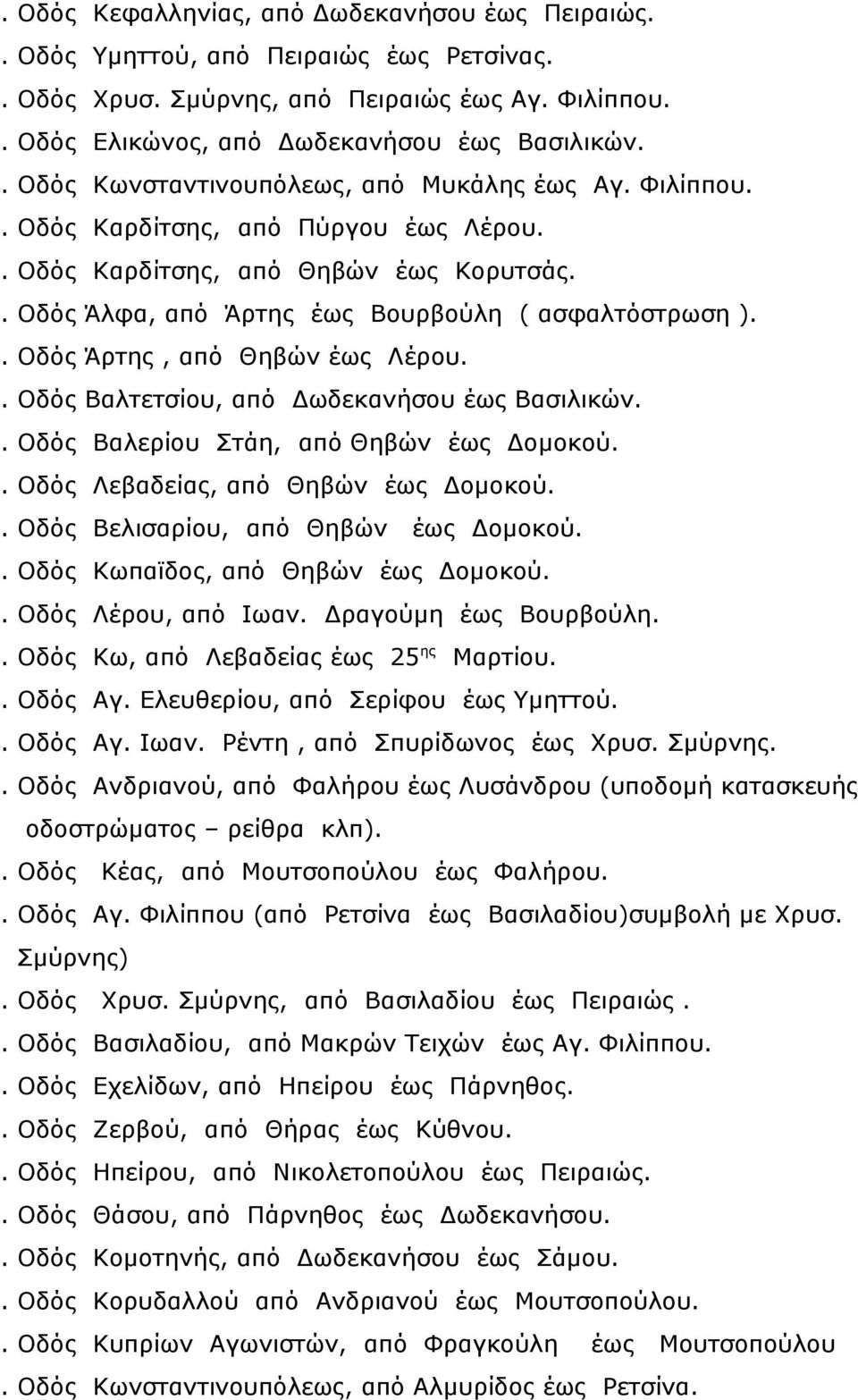 . Οδός Άρτης, από Θηβών έως Λέρου.. Οδός Βαλτετσίου, από Δωδεκανήσου έως Βασιλικών.. Οδός Βαλερίου Στάη, από Θηβών έως Δομοκού.. Οδός Λεβαδείας, από Θηβών έως Δομοκού.