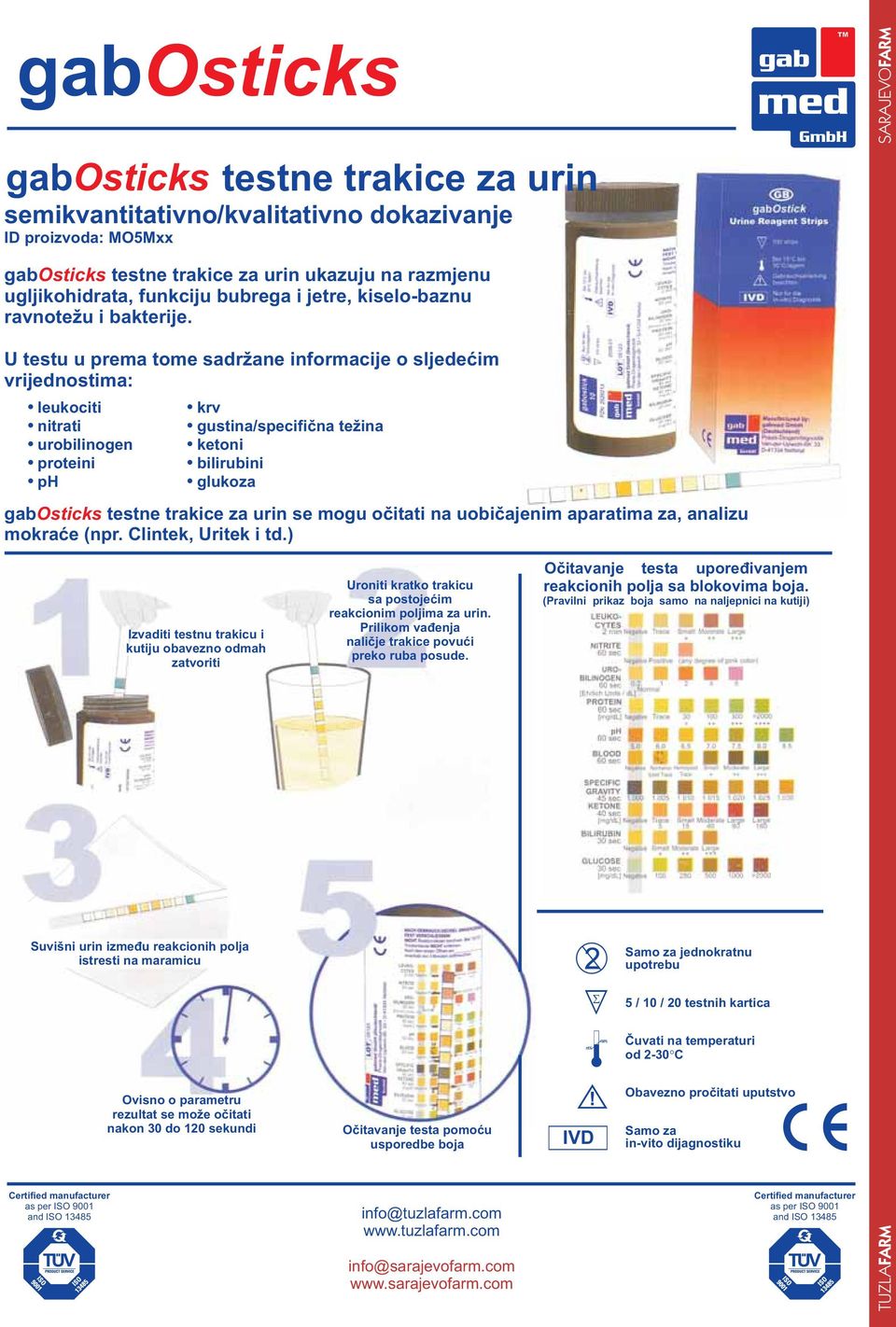 U testu u prema tome sadržane informacije o sljedećim vrijednostima: leukociti krv nitrati gustina/specifična težina urobilinogen ketoni proteini bilirubini ph glukoza gabosticks testne trakice za