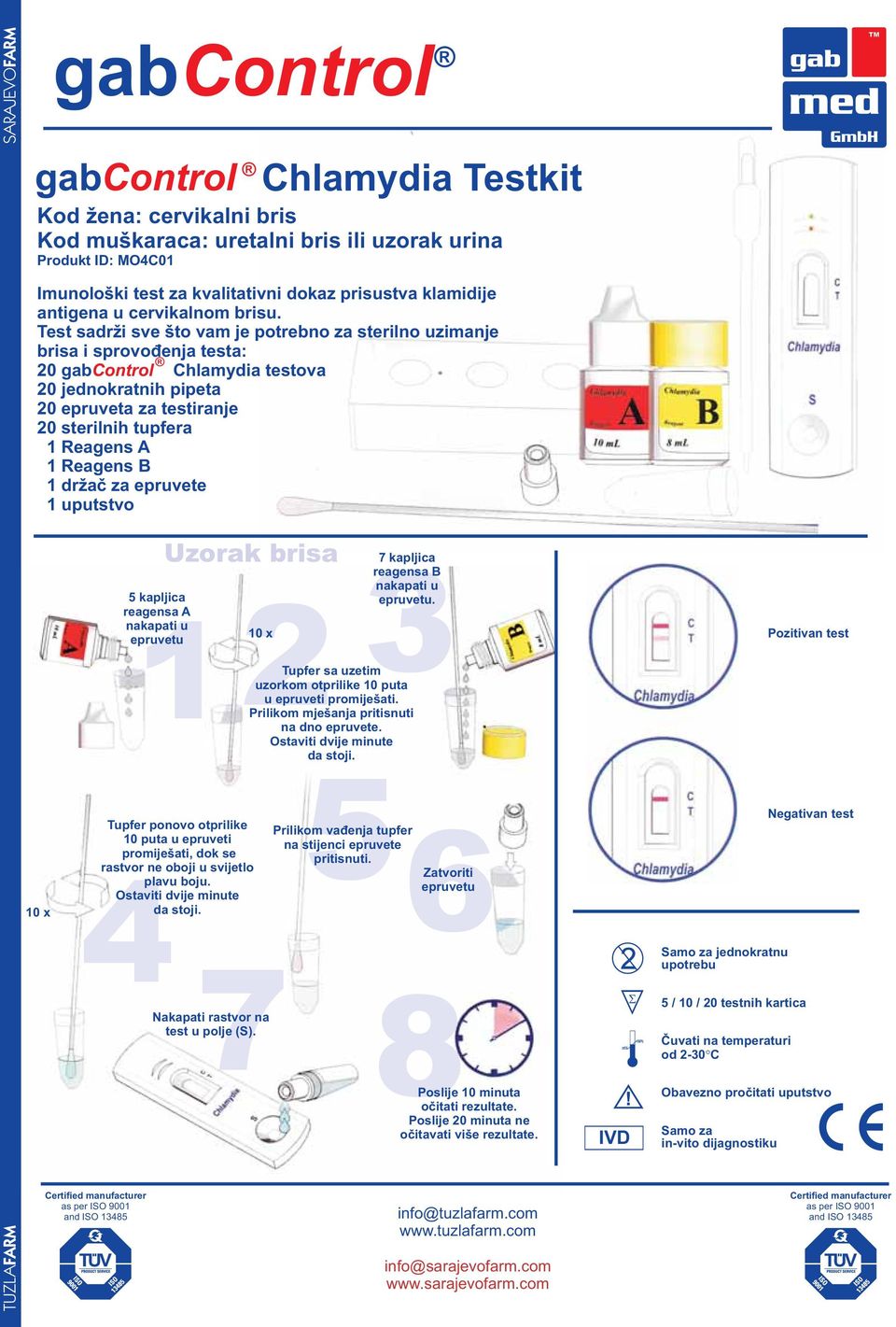 Test sadrži sve što vam je potrebno za sterilno uzimanje brisa i sprovođenja testa: 20 gabcontrol Chlamydia testova 20 jednokratnih pipeta 20 epruveta za testiranje 20 sterilnih tupfera 1 Reagens A 1