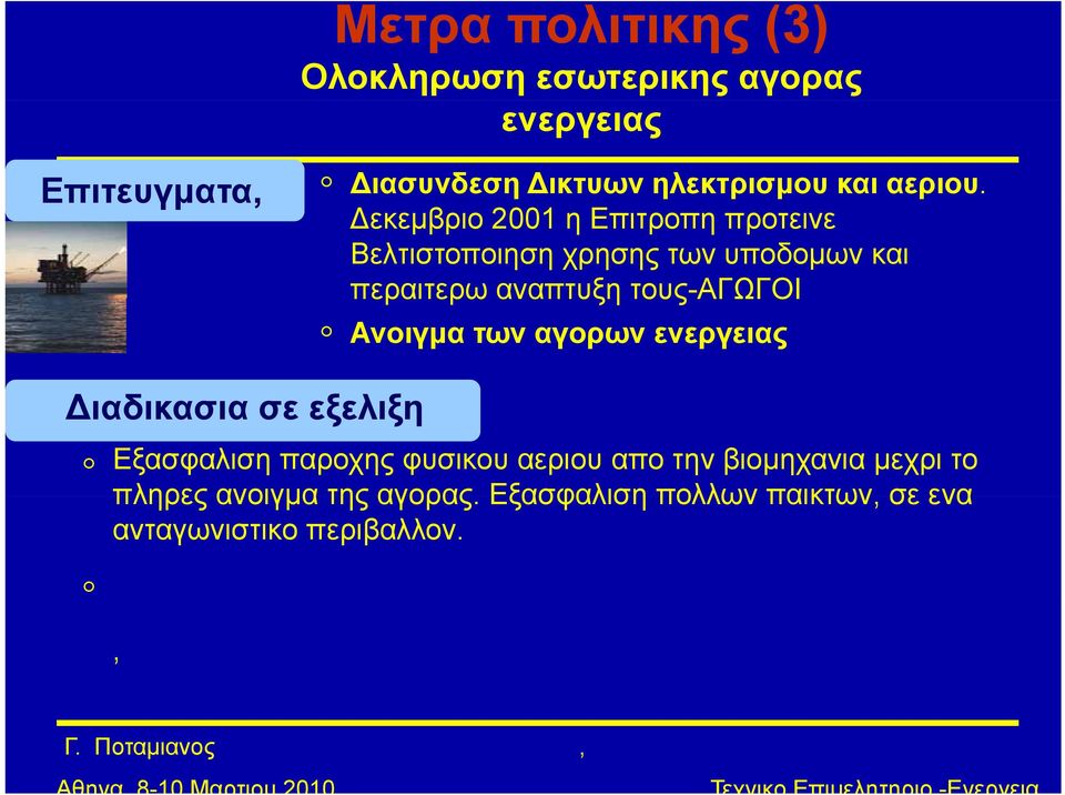 Δεκεμβριο 2001 η Επιτροπη προτεινε Βελτιστοποιηση χρησης των υποδομων και περαιτερω αναπτυξη τους-αγωγοι