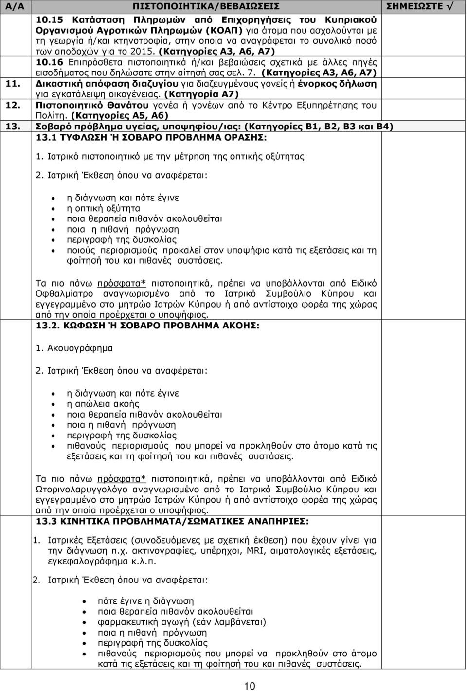 αποδοχών για το 2015. (Κατηγορίες A3, A6, A7) 10.16 Επιπρόσθετα πιστοποιητικά ή/και βεβαιώσεις σχετικά με άλλες πηγές εισοδήματος που δηλώσατε στην αίτησή σας σελ. 7. (Κατηγορίες A3, A6, A7) 11.