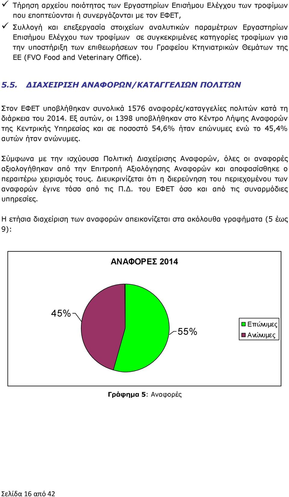 5. ΔΙΑΧΕΙΡΙΣΗ ΑΝΑΦΟΡΩΝ/ΚΑΤΑΓΓΕΛΙΩΝ ΠΟΛΙΤΩΝ Στον ΕΦΕΤ υποβλήθηκαν συνολικά 1576 αναφορές/καταγγελίες πολιτών κατά τη διάρκεια του 2014.