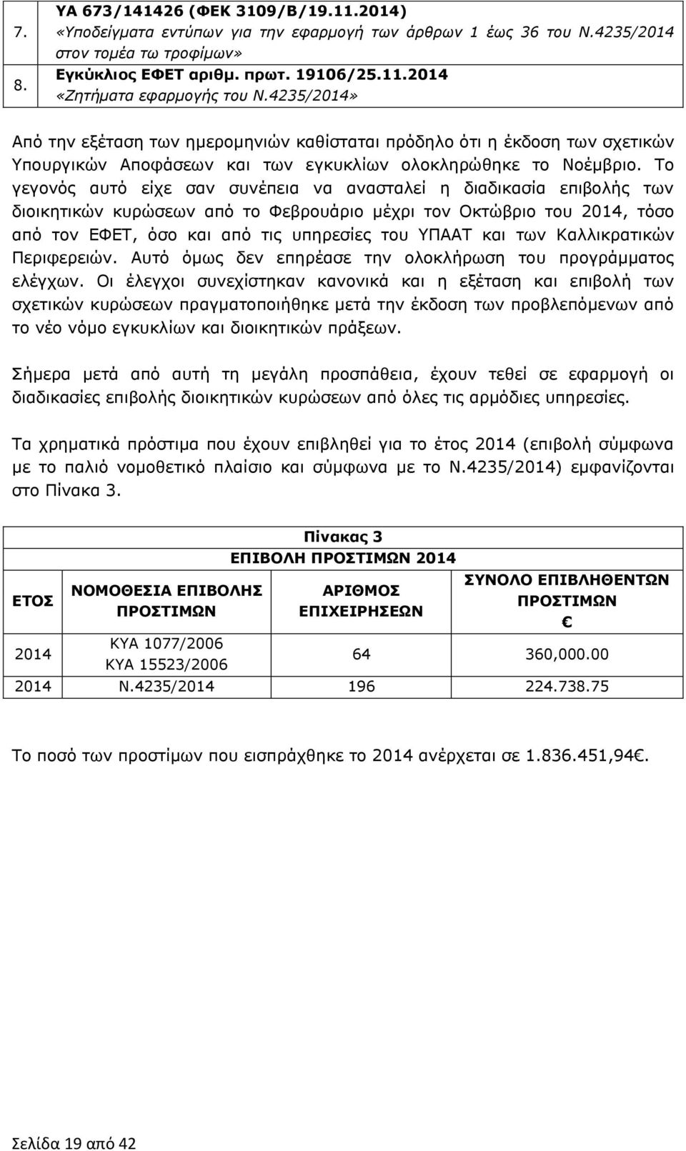 Το γεγονός αυτό είχε σαν συνέπεια να ανασταλεί η διαδικασία επιβολής των διοικητικών κυρώσεων από το Φεβρουάριο μέχρι τον Οκτώβριο του 2014, τόσο από τον ΕΦΕΤ, όσο και από τις υπηρεσίες του ΥΠΑΑΤ και