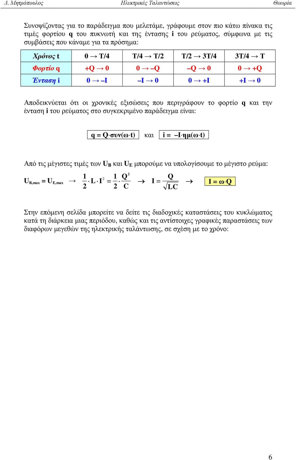 παράειγµα είναι: _ = Q συν(ω t)_ και _ = I ηµ(ω t)_ Από τις µέγιστες τιµές των U Β και U E µπορούµε να υπολογίσουµε το µέγιστο ρεύµα: U Β,max = U Ε,max I = Q I= Q _Ι = ω Q_ Στην επόµενη σελία