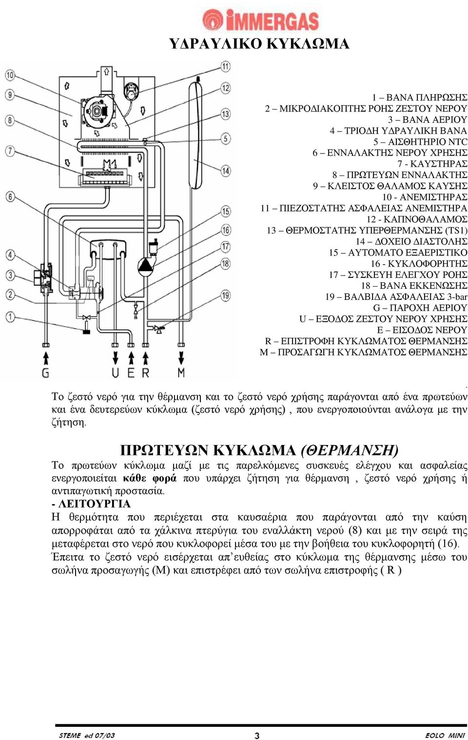 ΕΛΕΓΧΟΥ ΡΟΗΣ 18 ΒΑΝΑ ΕΚΚΕΝΩΣΗΣ 19 ΒΑΛΒΙΔΑ ΑΣΦΑΛΕΙΑΣ 3-bar G ΠΑΡΟΧΗ ΑΕΡΙΟΥ U ΕΞΟΔΟΣ ΖΕΣΤΟΥ ΝΕΡΟΥ ΧΡΗΣΗΣ E ΕΙΣΟΔΟΣ ΝΕΡΟΥ R ΕΠΙΣΤΡΟΦΗ ΚΥΚΛΩΜΑΤΟΣ ΘΕΡΜΑΝΣΗΣ M ΠΡΟΣΑΓΩΓΗ ΚΥΚΛΩΜΑΤΟΣ ΘΕΡΜΑΝΣΗΣ.