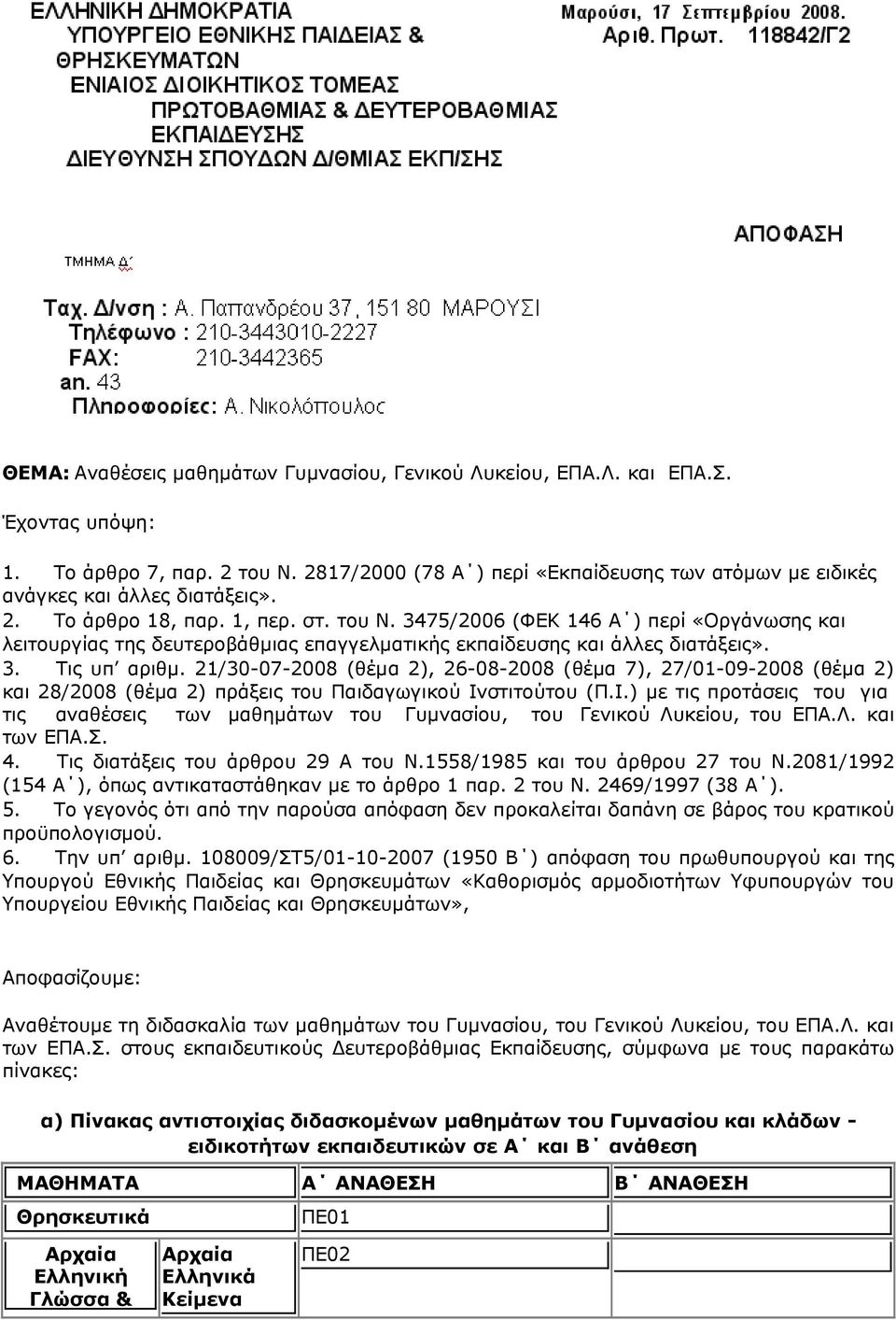 3475/2006 (ΦΕΚ 146 Α ) περί «Οργάνωσης και λειτουργίας της δευτεροβάθμιας επαγγελματικής εκπαίδευσης και άλλες διατάξεις». 3. Τις υπ αριθμ.