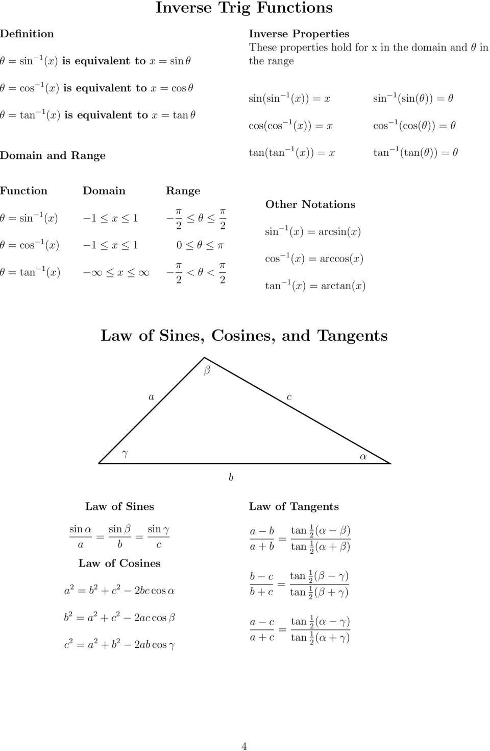 Domain x x x Range θ 0 θ < θ < Other Notations sin x = arcsinx cos x = arccosx tan x = arctanx Law of Sines, Cosines, and Tangents β a c γ α b sin α a Law of Sines = sin β b = sin