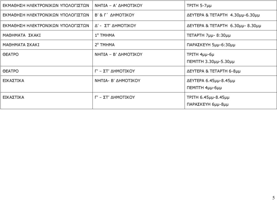 30µµ ΜΑΘΗΜΑΤΑ ΣΚΑΚΙ 1 ο ΤΜΗΜΑ ΤΕΤΑΡΤΗ 7µµ- 8:30µµ ΜΑΘΗΜΑΤΑ ΣΚΑΚΙ 2 ο ΤΜΗΜΑ ΠΑΡΑΣΚΕΥΗ 5µµ-6:30µµ ΘΕΑΤΡΟ ΝΗΠΙΑ Β ΗΜΟΤΙΚΟΥ ΤΡΙΤΗ 4µµ-6µ