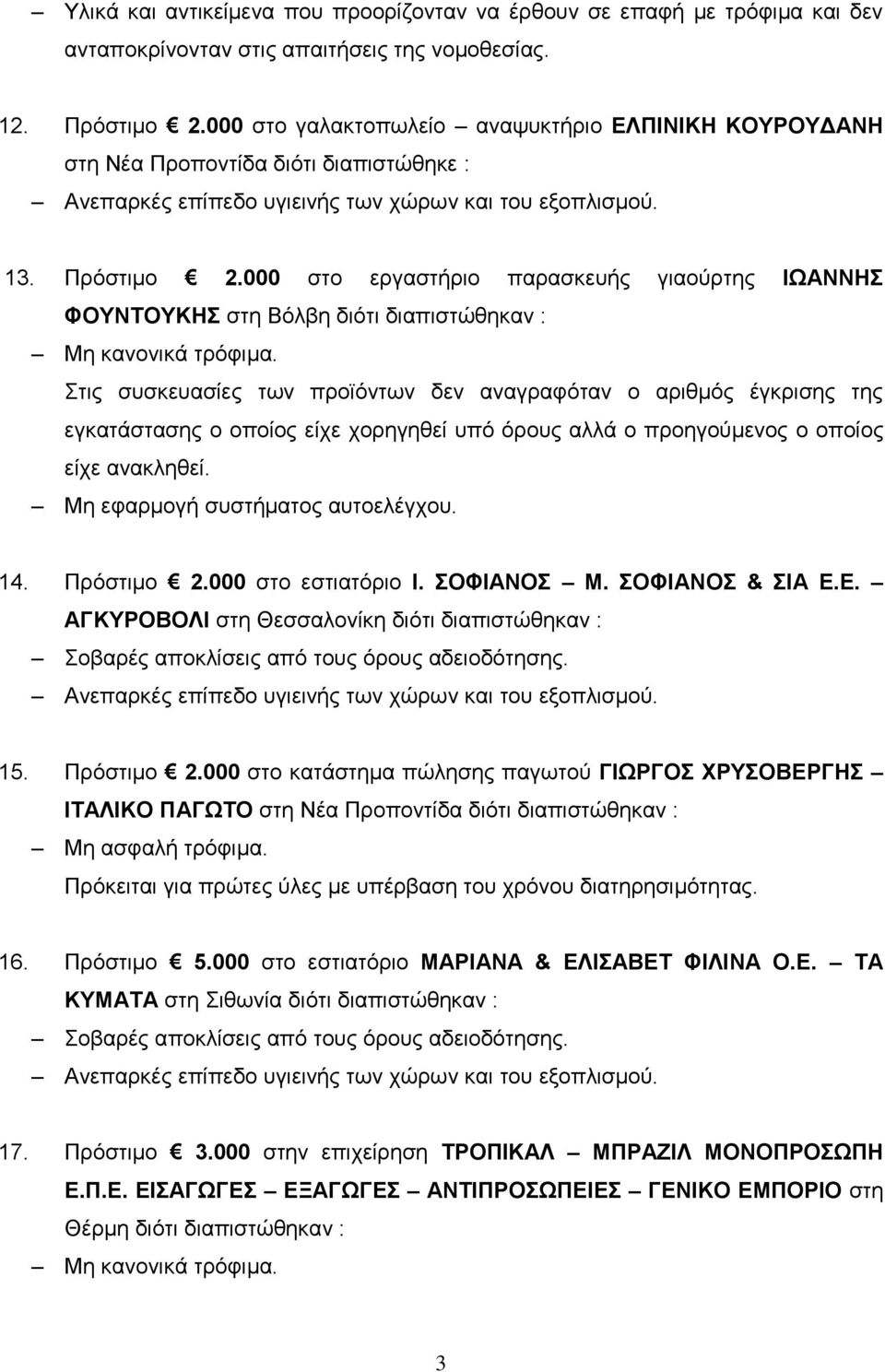 000 στο εργαστήριο παρασκευής γιαούρτης ΙΩΑΝΝΗΣ ΦΟΥΝΤΟΥΚΗΣ στη Βόλβη διότι Στις συσκευασίες των προϊόντων δεν αναγραφόταν ο αριθμός έγκρισης της εγκατάστασης ο οποίος είχε χορηγηθεί υπό όρους αλλά ο