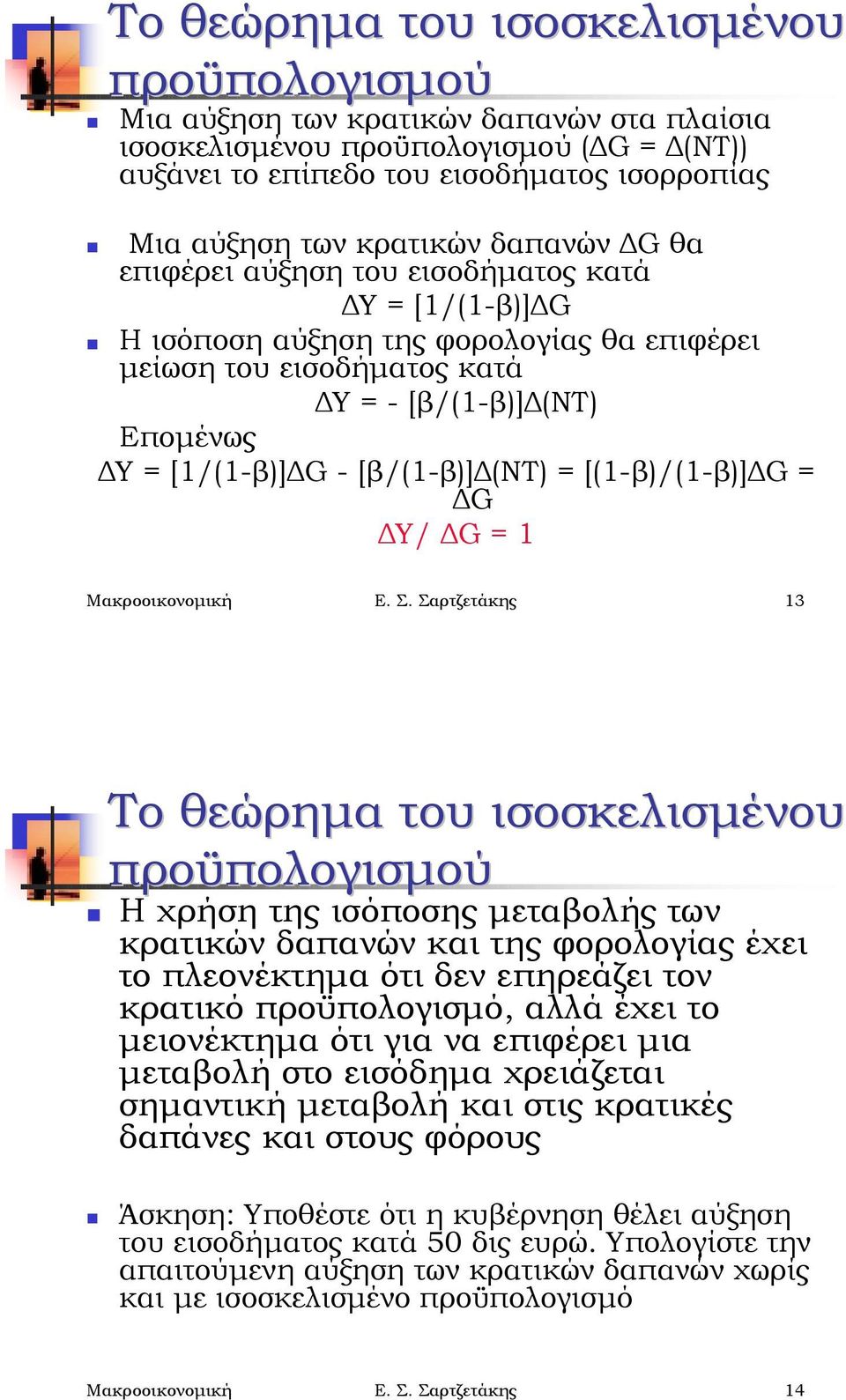 Η ισόποση αύξηση της φορολογίας θα επιφέρει μείωση του εισοδήματος κατά Δ = -[β/(1-β)]δ(ντ) Επομένως Δ = [1/(1-β)]ΔG -[β/(1-β)]δ(ντ) = [(1-β)/(1-β)]ΔG = ΔG Δ/ ΔG = 1 Μακροοικονομική Ε. Σ.