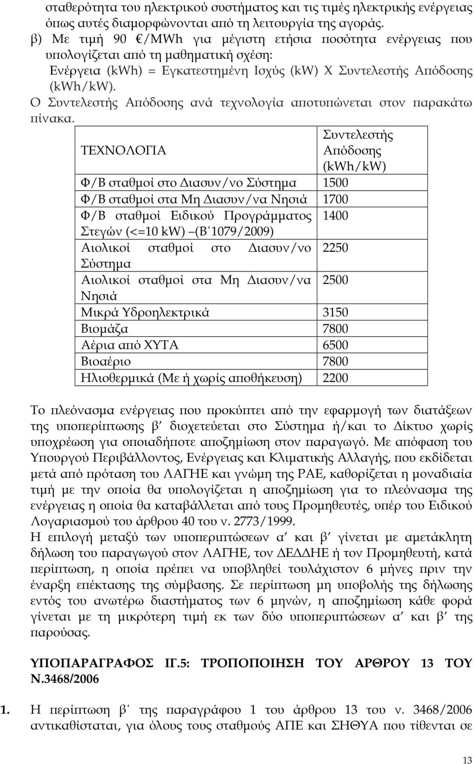 Ο Συντελεστής Α όδοσης ανά τεχνολογία α οτυ ώνεται στον αρακάτω ίνακα.