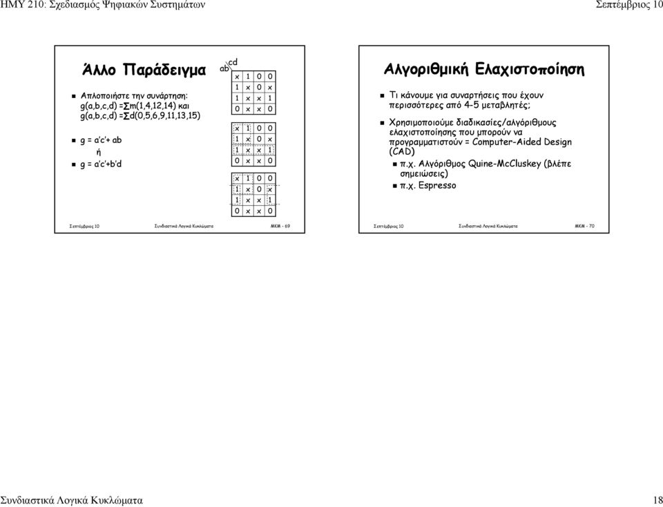 μεταβλητές; μταβητς; Χρησιμοποιούμε διαδικασίες/αλγόριθμους ελαχιστοποίησης που μπορούν να προγραμματιστούν = Computer-Aided Design (CAD) π.χ. Αλγόριθμος Quine-McCluskey (βλέπε σημειώσεις) ) π.