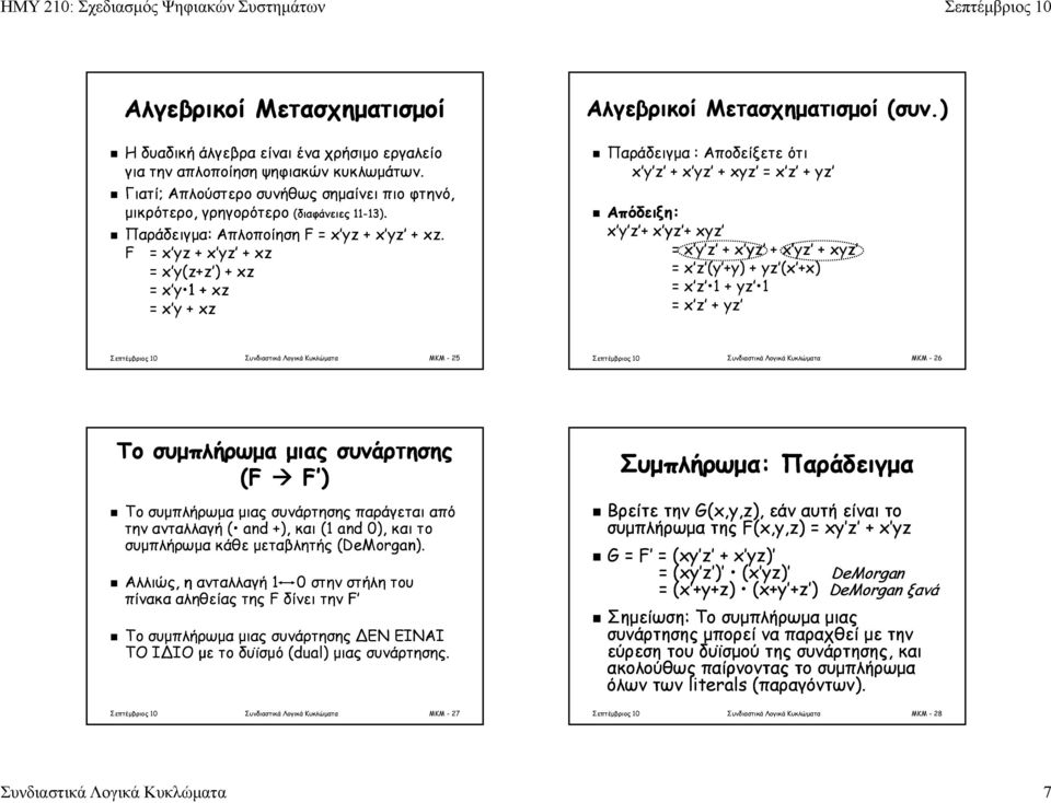 F = x yz + x yz + xz = xy(z+z)+ x y(z+z ) + xz = x y + xz = x y + xz Αλγεβρικοί Μετασχηματισμοί (συν.