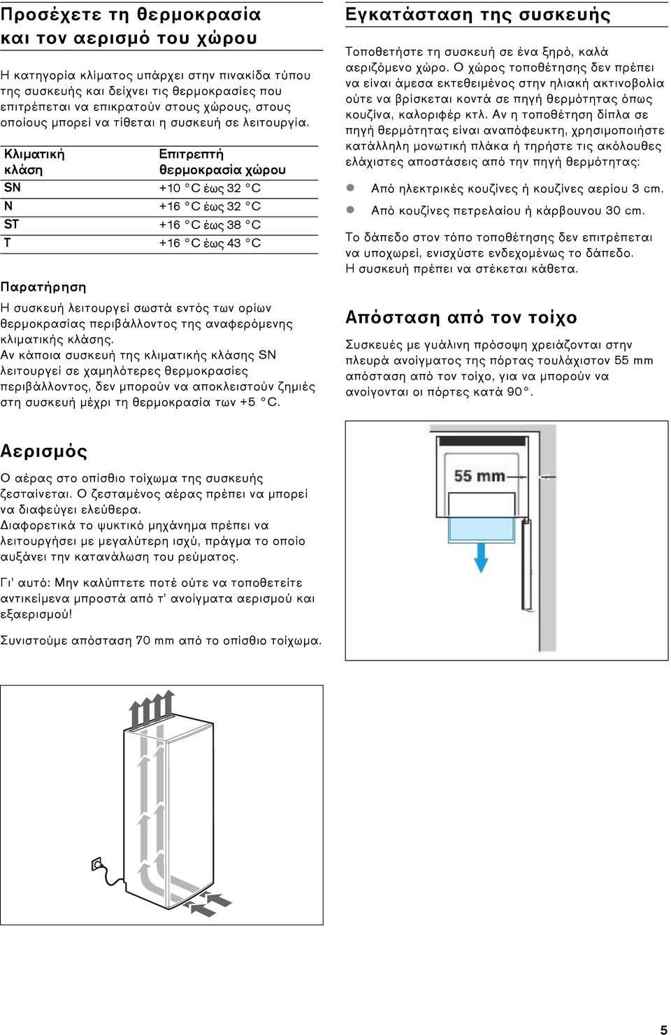 Κλιματική κλάση Επιτρεπτή θερμοκρασία χώρου SN +10 C έως 32 C N +16 C έως 32 C ST +16 C έως 38 C T +16 C έως 43 C Παρατήρηση Η συσκευή λειτουργεί σωστά εντός των ορίων θερμοκρασίας περιβάλλοντος της