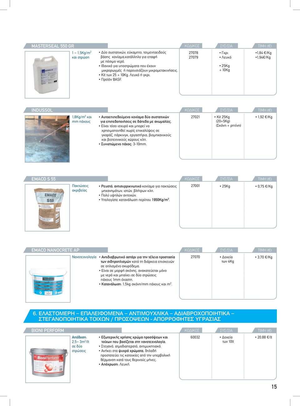 27078 27079 Γκρι Λευκό 25Kg + 10Kg 1,84 /Kg 1,94 /Kg INDUSSOL 1,8Kg/m 2 και mm πάχους Αυτοεπιπεδούμενο κονίαμα δύο συστατικών για επιπεδοποιήσεις σε δάπεδα με ανωμαλίες.