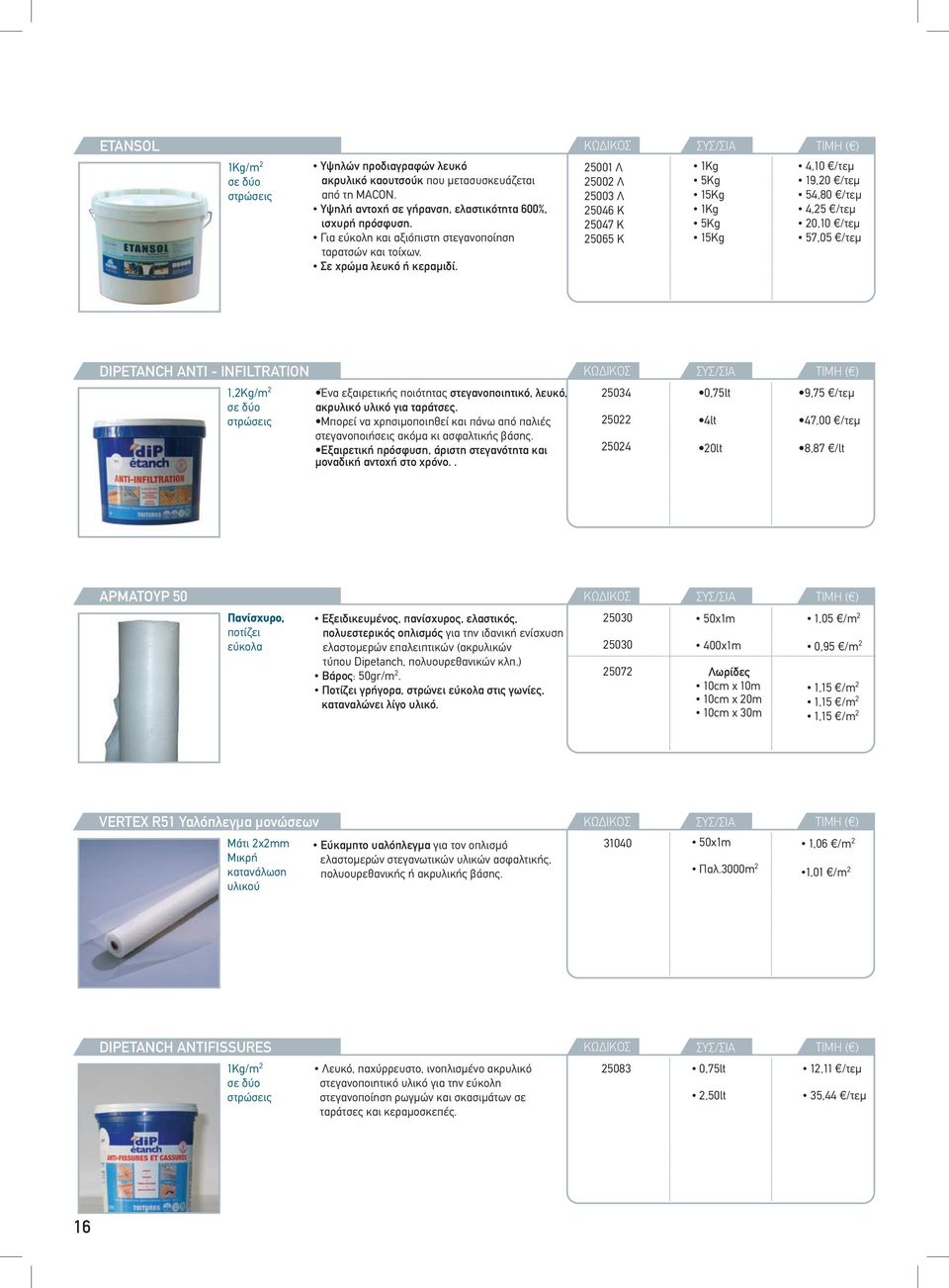 25001 Λ 25002 Λ 25003 Λ 25046 Κ 25047 Κ 25065 Κ 1Kg 5Kg 15Kg 1Kg 5Kg 15Kg 4,10 /τεμ 19,20 /τεμ 54,80 /τεμ 4,25 /τεμ 20,10 /τεμ 57,05 /τεμ DIPETANCH ANTI - INFILTRATION 1,2Kg/m 2 σε δύο στρώσεις Ένα