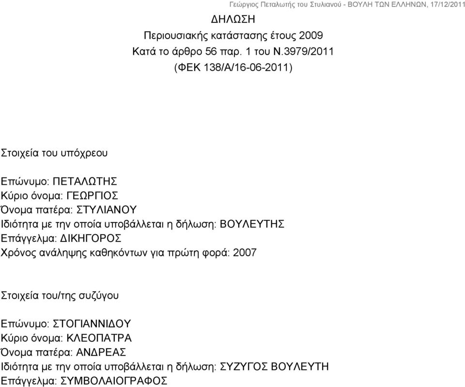 Ιδιότητα με την οποία υποβάλλεται η δήλωση: ΒΟΥΛΕΥΤΗΣ Επάγγελμα: ΔΙΚΗΓΟΡΟΣ Χρόνος ανάληψης καθηκόντων για πρώτη φορά: