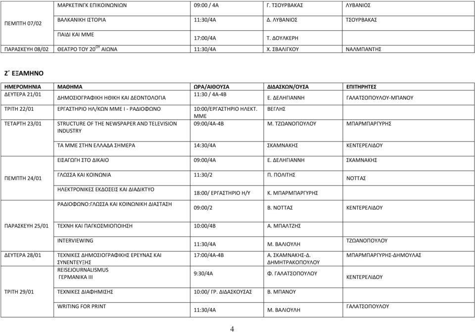 ΒΕΓΛΗΣ ΜΜΕ STRUCTURE OF THE NEWSPAPER AND TELEVISION 09:00/4Α-4Β Μ. ΜΠΑΡΜΠΑΡΓΥΡΗΣ ΤΑ ΜΜΕ ΣΤΗΝ ΕΛΛΑΔΑ ΣΗΜΕΡΑ 14:30/4Α ΣΚΑΜΝΑΚΗΣ ΕΙΣΑΓΩΓΗ ΣΤΟ ΔΙΚΑΙΟ 09:00/4Α Ε.