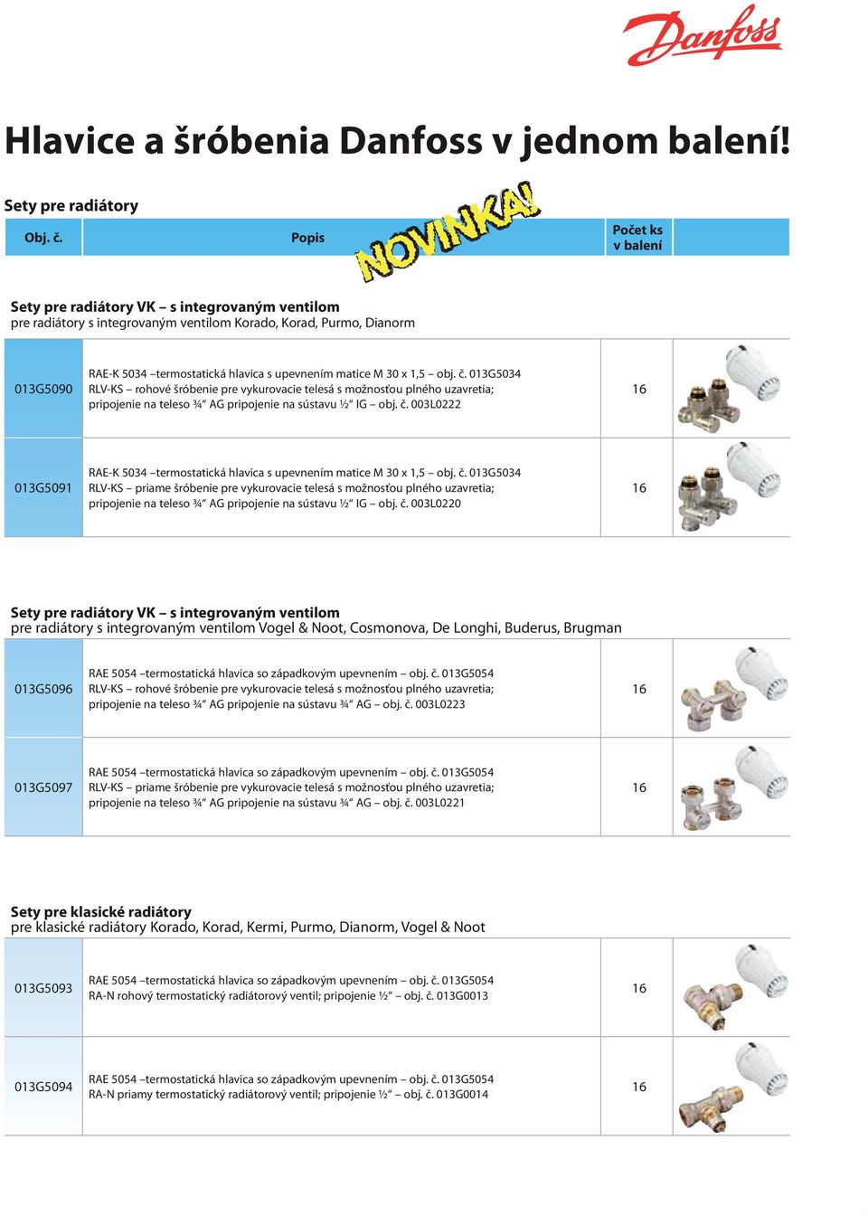 M 30 x 1,5 obj. č. 013G5034 RLV-KS rohové šróbenie pre vykurovacie telesá s možnosťou plného uzavretia; pripojenie na teleso ¾ AG pripojenie na sústavu ½ IG obj. č. 003L0222 16 013G5091 RAE-K 5034 termostatická hlavica s upevnením matice M 30 x 1,5 obj.
