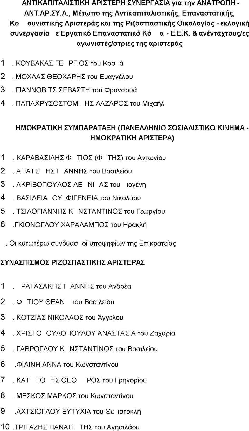 ΠΑΠΑΧΡΥΣΟΣΤΟΜΙΔΗΣ ΛΑΖΑΡΟΣ του Μιχαήλ ΔΗΜΟΚΡΑΤΙΚΗ ΣΥΜΠΑΡΑΤΑΞΗ (ΠΑΝΕΛΛΗΝΙΟ ΣΟΣΙΑΛΙΣΤΙΚΟ ΚΙΝΗΜΑ - ΔΗΜΟΚΡΑΤΙΚΗ ΑΡΙΣΤΕΡΑ) 1. ΚΑΡΑΒΑΣΙΛΗΣ ΦΩΤΙΟΣ (ΦΩΤΗΣ) του Αντωνίου 2. ΑΠΑΤΣΙΔΗΣ ΙΩΑΝΝΗΣ του Βασιλείου 3.