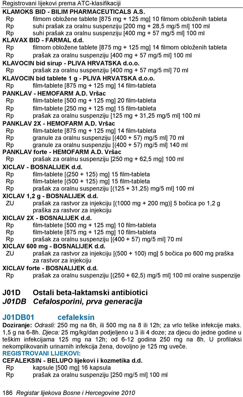 A.S. Rp filmom obložene tablete [875 mg + 125 mg] 10 filmom obloženih tableta Rp suhi prašak za oralnu suspenziju [200 mg + 28,5 mg/5 ml] 100 ml Rp suhi prašak za oralnu suspenziju [400 mg + 57 mg/5