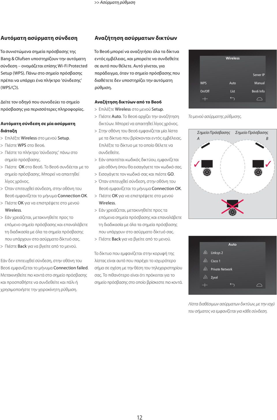 Αυτόματη σύνδεση σε μία ασύρματη διάταξη > Επιλέξτε Wireless στο μενού Setup. > Πιέστε WPS στο Beo6. > Πιέστε το πλήκτρο σύνδεσης πάνω στο σημείο πρόσβασης. > Πιέστε OK στο Beo6.