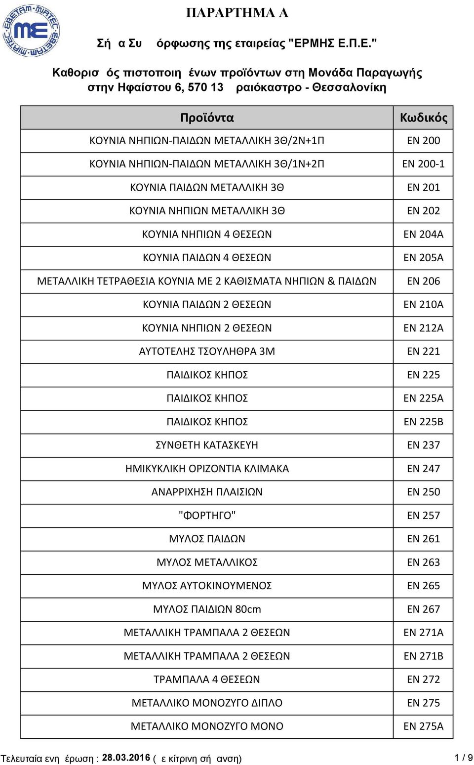 ΚΗΠΟΣ ΕΝ 225 ΠΑΙΔΙΚΟΣ ΚΗΠΟΣ ΠΑΙΔΙΚΟΣ ΚΗΠΟΣ ΕΝ 225Α ΕΝ 225Β ΣΥΝΘΕΤΗ ΚΑΤΑΣΚΕΥΗ ΕΝ 237 ΗΜΙΚΥΚΛΙΚΗ ΟΡΙΖΟΝΤΙΑ ΚΛΙΜΑΚΑ ΕΝ 247 ΑΝΑΡΡΙΧΗΣΗ ΠΛΑΙΣΙΩΝ ΕΝ 250 "ΦΟΡΤΗΓΟ" ΕΝ 257 ΜΥΛΟΣ ΠΑΙΔΩΝ ΕΝ 261 ΜΥΛΟΣ