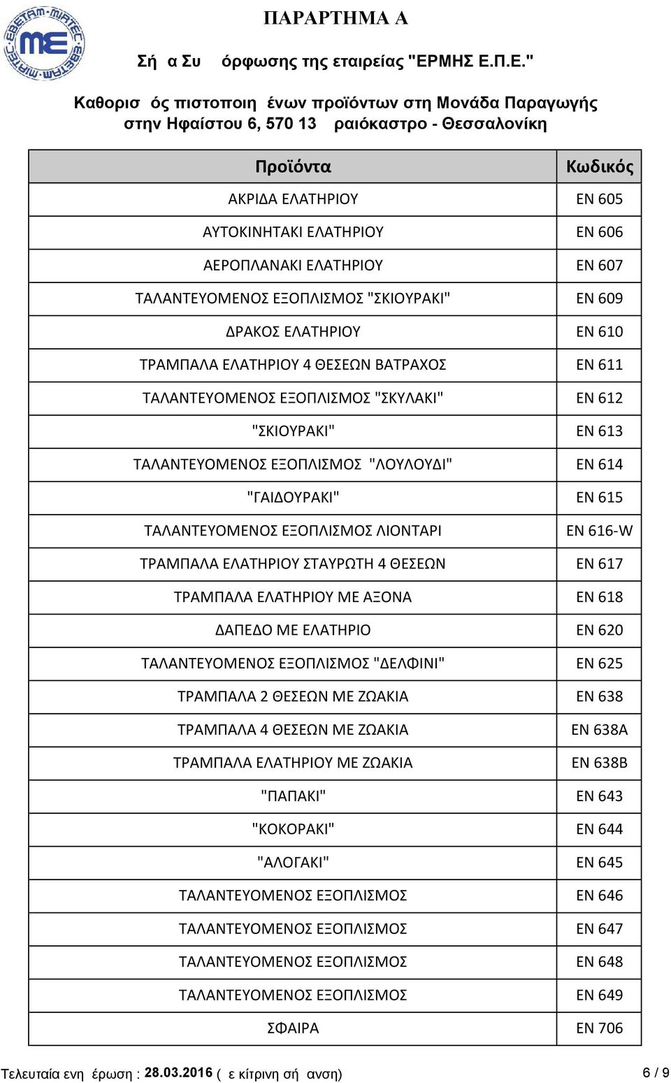 ΘΕΣΕΩΝ ΕΝ 617 ΤΡΑΜΠΑΛΑ ΕΛΑΤΗΡΙΟΥ ΜΕ ΑΞΟΝΑ ΕΝ 618 ΔΑΠΕΔΟ ΜΕ ΕΛΑΤΗΡΙΟ ΕΝ 620 ΤΑΛΑΝΤΕΥΟΜΕΝΟΣ ΕΞΟΠΛΙΣΜΟΣ "ΔΕΛΦΙΝΙ" ΕΝ 625 ΤΡΑΜΠΑΛΑ 2 ΘΕΣΕΩΝ ΜΕ ΖΩΑΚΙΑ ΕΝ 638 ΤΡΑΜΠΑΛΑ 4 ΘΕΣΕΩΝ ΜΕ ΖΩΑΚΙΑ ΤΡΑΜΠΑΛΑ ΕΛΑΤΗΡΙΟΥ