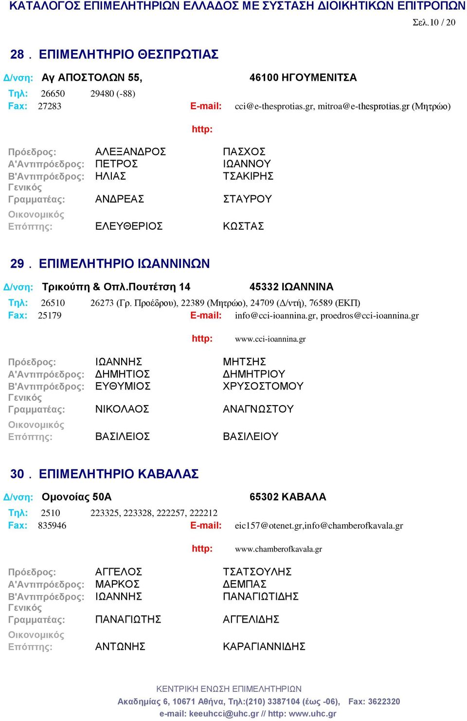 ΕΠΙΜΕΛΗΤΗΡΙΟ ΙΩΑΝΝΙΝΩΝ Δ/νση: Τρικούπη & Οπλ.Πουτέτση 14 45332 ΙΩΑΝΝΙΝΑ Tηλ: 26510 26273 (Γρ. Προέδρου), 22389 (Μητρώο), 24709 (Δ/ντή), 76589 (ΕΚΠ) Fax: 25179 E-mail: info@cci-ioannina.