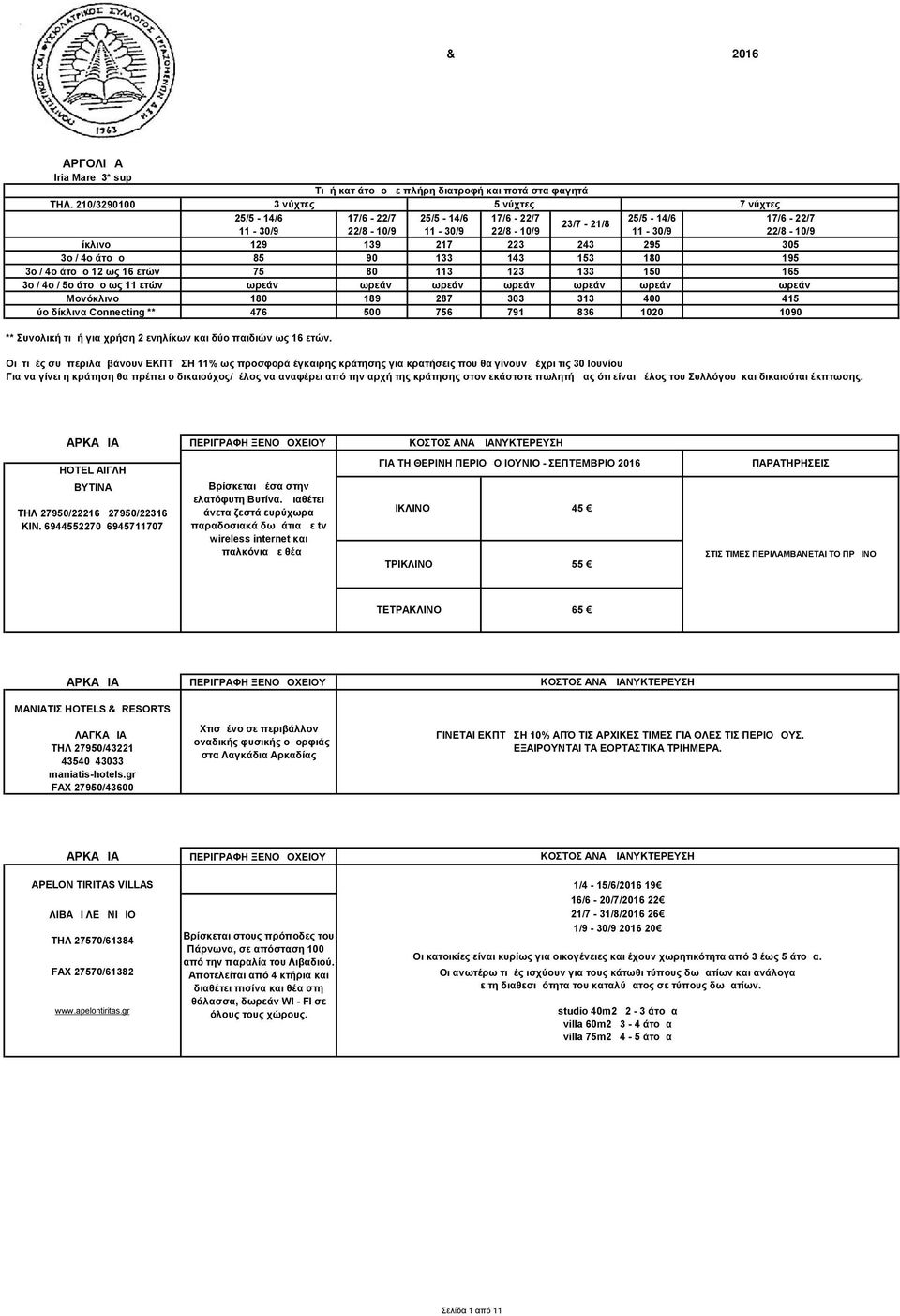 3ο / 4ο άτομο 85 90 133 143 153 180 195 3ο / 4ο άτομο 12 ως 16 ετών 75 80 113 123 133 150 165 3ο / 4ο / 5ο άτομο ως 11 ετών Δωρεάν Δωρεάν Δωρεάν Δωρεάν Δωρεάν Δωρεάν Δωρεάν Μονόκλινο 180 189 287 303