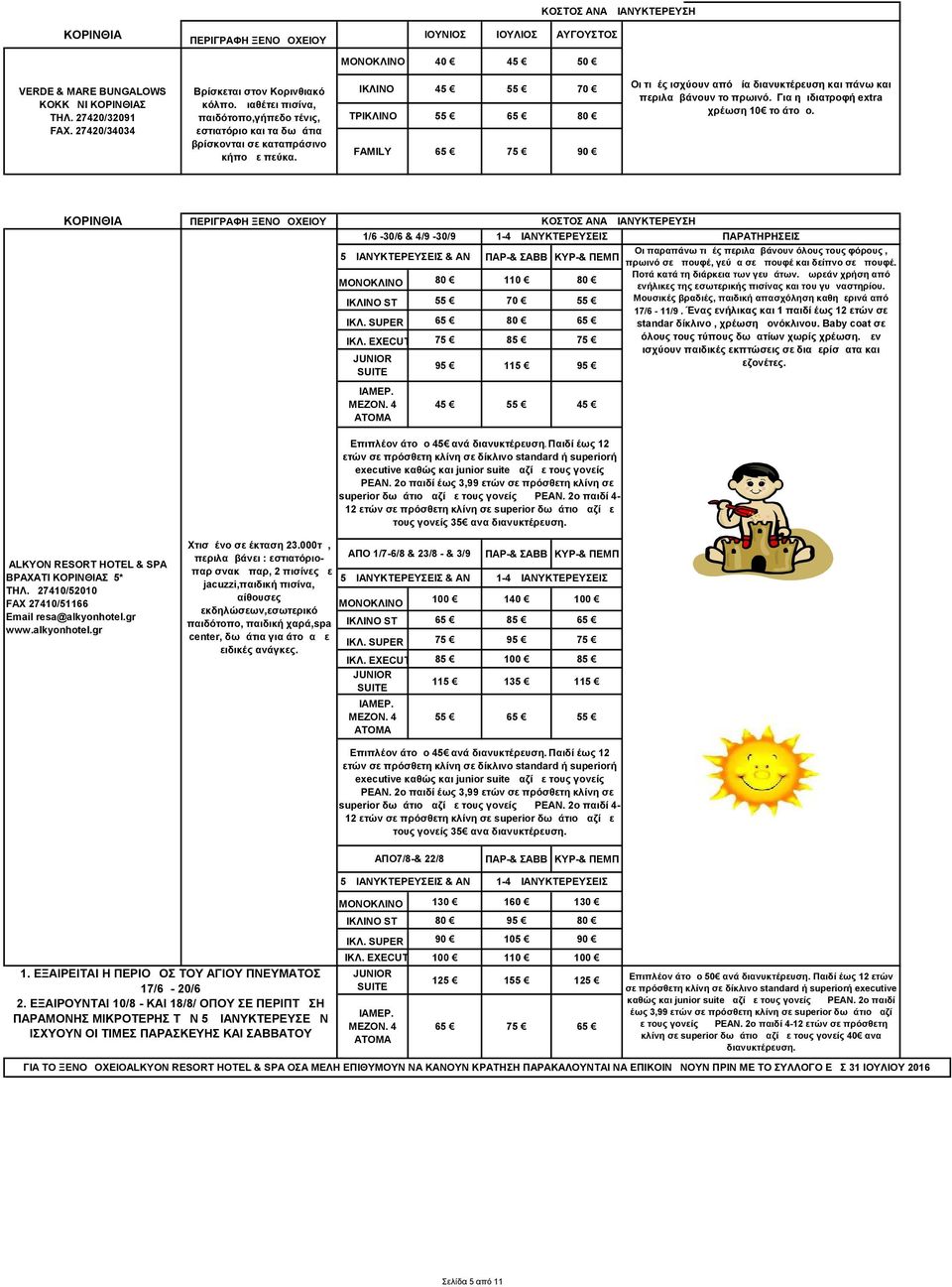 ΔΙΚΛΙΝΟ 45 55 70 ΤΡΙΚΛΙΝΟ 55 65 80 FAMILY 65 75 90 Οι τιμές ισχύουν από μία διανυκτέρευση και πάνω και περιλαμβάνουν το πρωινό. Για ημιδιατροφή extra χρέωση 10 το άτομο.