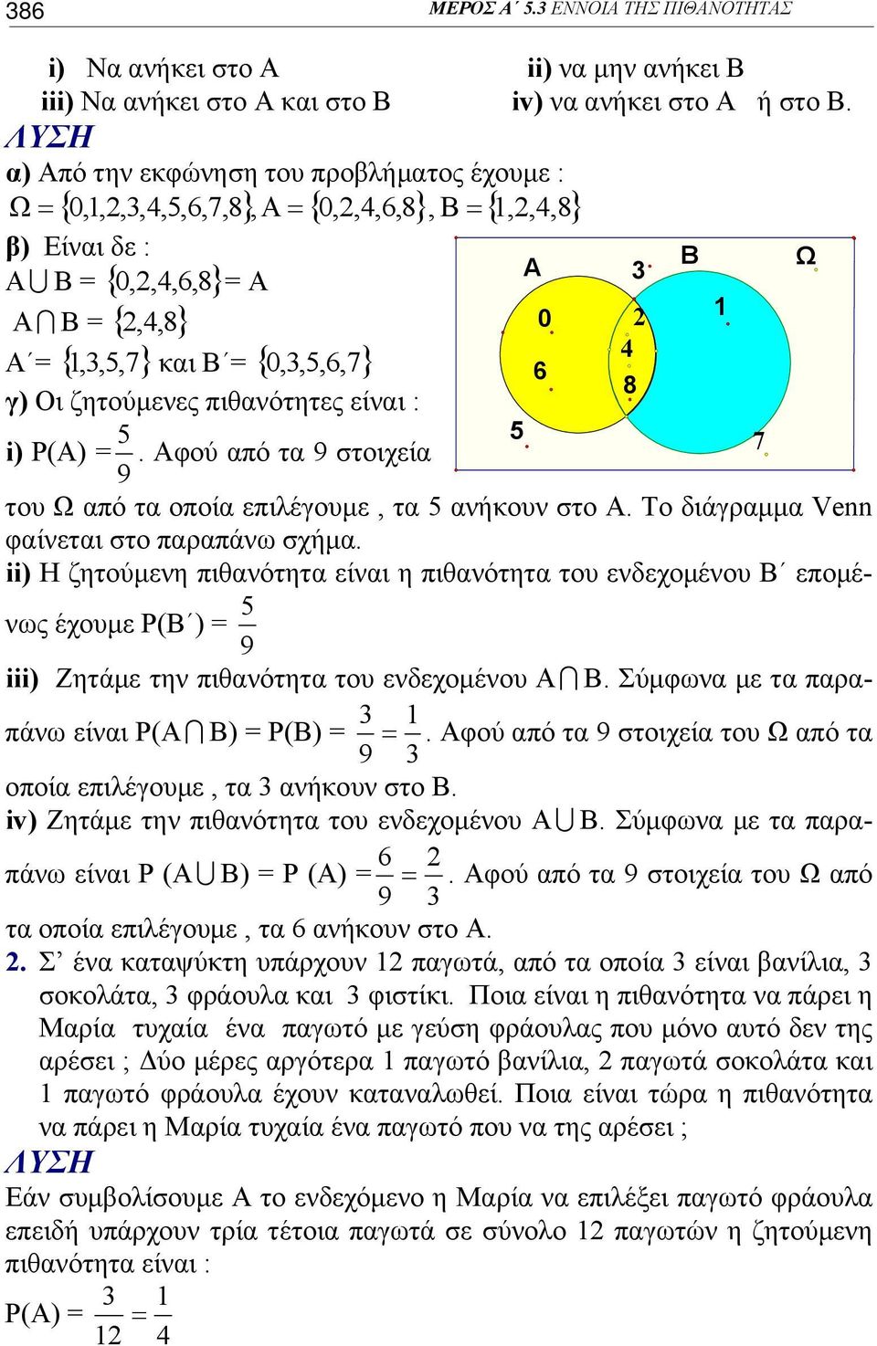 πιθανότητες είναι : { } i) P(Α) = 9. Αφού από τα 9 στοιχεία Α του Ω από τα οποία επιλέγουμε, τα ανήκουν στο Α. Το διάγραμμα Venn φαίνεται στο παραπάνω σχήμα.