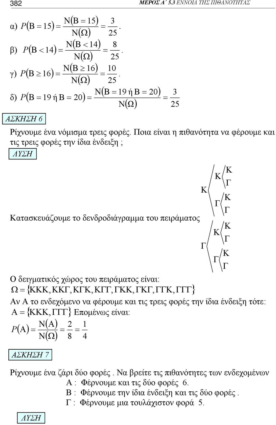 Ποια είναι η πιθανότητα να φέρουμε και τις τρεις φορές την ίδια ένδειξη ; Κατασκευάζουμε το δενδροδιάγραμμα του πειράματος Κ Γ Κ Γ Κ Κ Γ Κ Γ Κ Γ Κ Γ Γ Ο δειγματικός χώρος του πειράματος είναι: Ω =