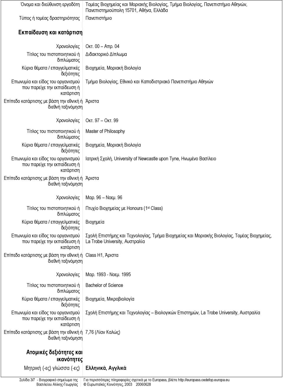 99 Master of Philosophy Βιοχημεία, Μοριακή Βιολογία Ιατρική Σχολή, University of Newcastle upon Tyne, Ηνωμένο Βασίλειο Άριστα Χρονολογίες Μαρ. 96 Νοεμ.