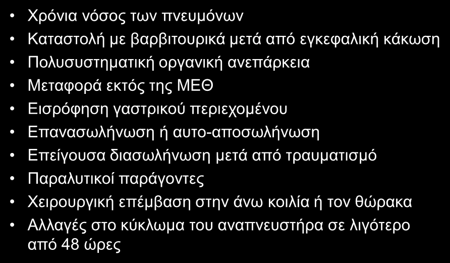 VAP: Άλλοι παράγοντες κινδύνου (Ι) Χρόνια νόσος των πνευμόνων Καταστολή με βαρβιτουρικά μετά από εγκεφαλική κάκωση Πολυσυστηματική οργανική ανεπάρκεια Μεταφορά εκτός της ΜΕΘ Εισρόφηση γαστρικού