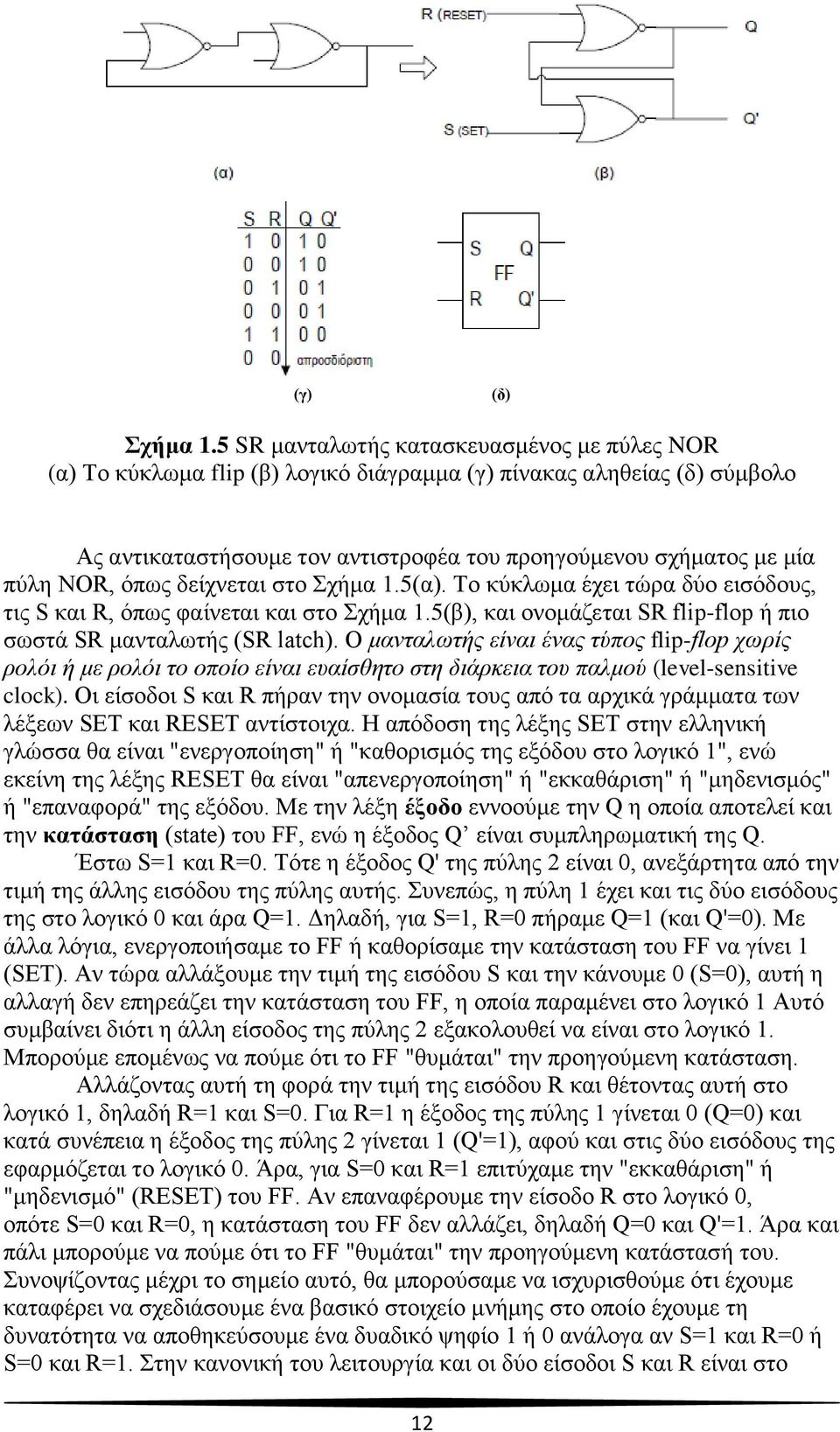 όπως δείχνεται στο Σχήμα 1.5(α). Το κύκλωμα έχει τώρα δύο εισόδους, τις S και R, όπως φαίνεται και στο Σχήμα 1.5(β), και ονομάζεται SR flip-flop ή πιο σωστά SR μανταλωτής (SR latch).