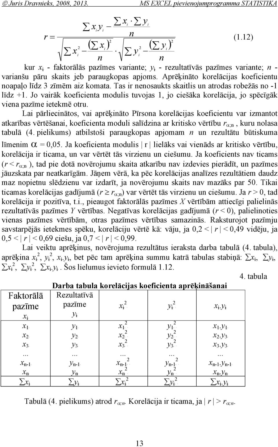 1) faktorālās pazīmes variate; ybib rezultatīvās pazīmes variate; - variašu pāru skaits jeb paraugkopas apjoms. Aprēķiāto korelācijas koeficietu oapaļo līdz 3 zīmēm aiz komata.